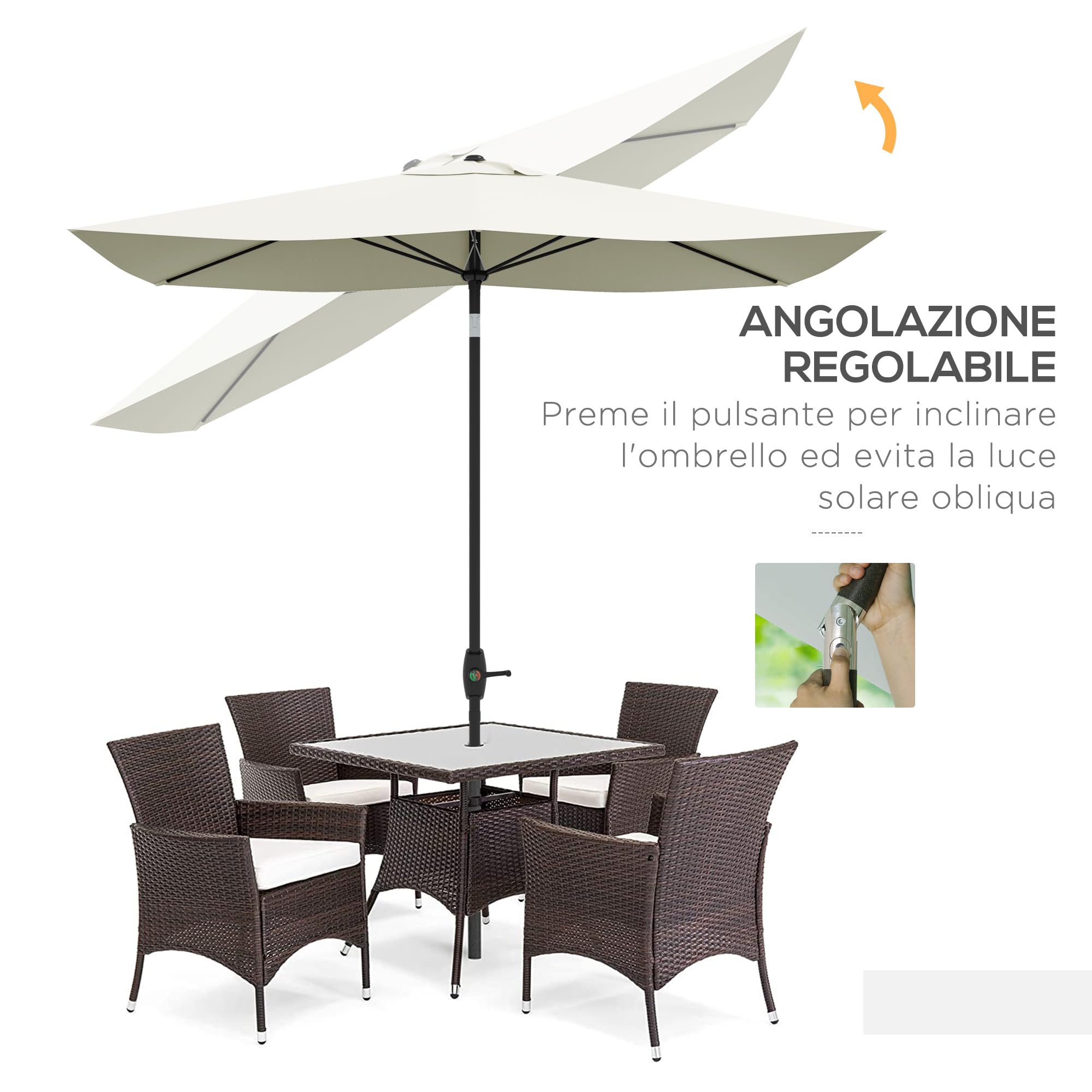 Outsunny Ombrellone Rettangolare 2x3m Alluminio UV 50+ con Apertura a Manovella e Inclinazione Regolabile