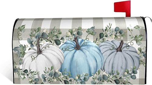 Cubierta magnética para buzón de otoño, hojas de calabaza azules, a cuadros, para jardín, patio, decoración del hogar, tamaño estándar, 21 x 18