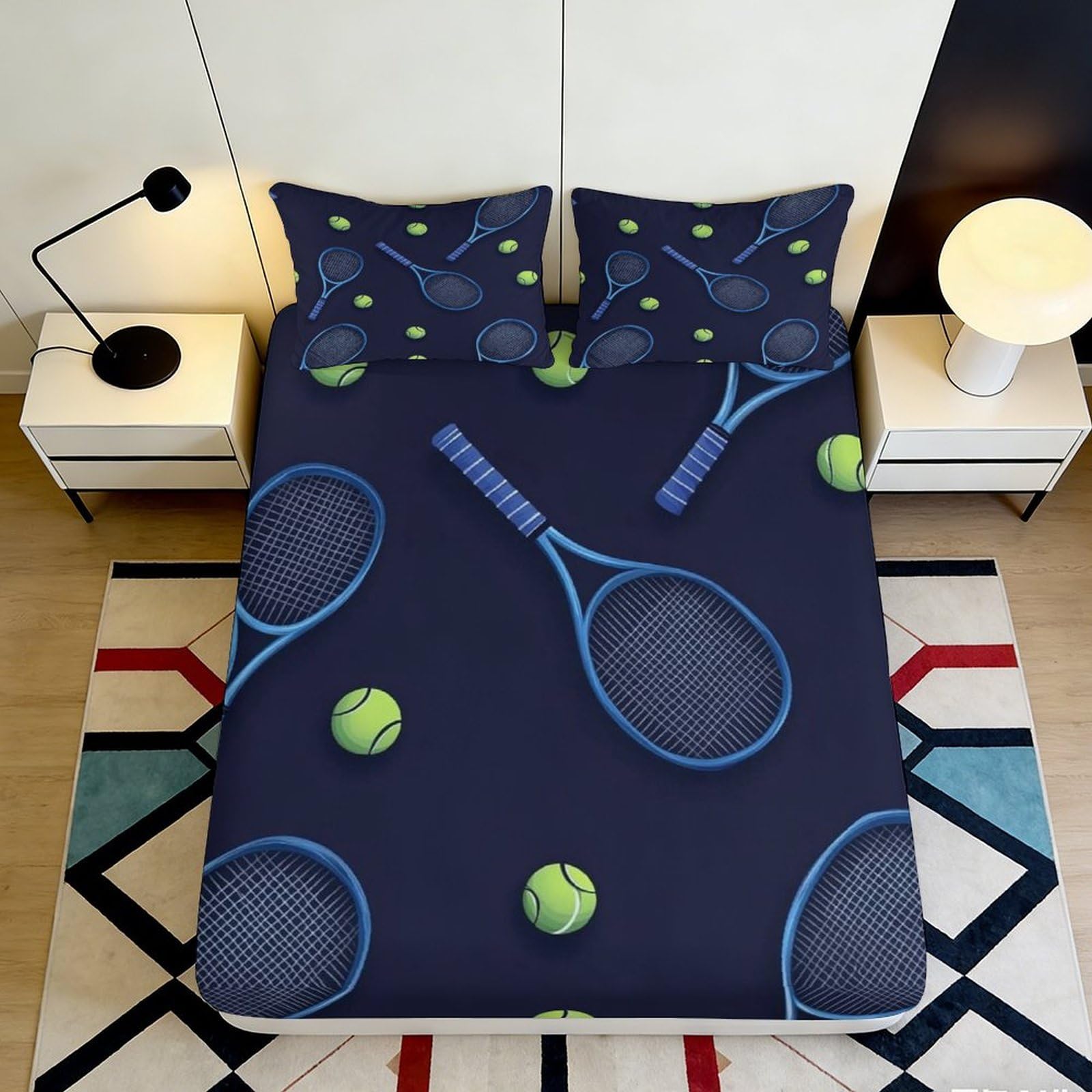 3D Printed Tennis Racket Fitted Sheet Microfiber Soft Breathable Tennis Ball Mattress Cover for Bedroom Dorm Mattress Protection Decor 90x200x25cm