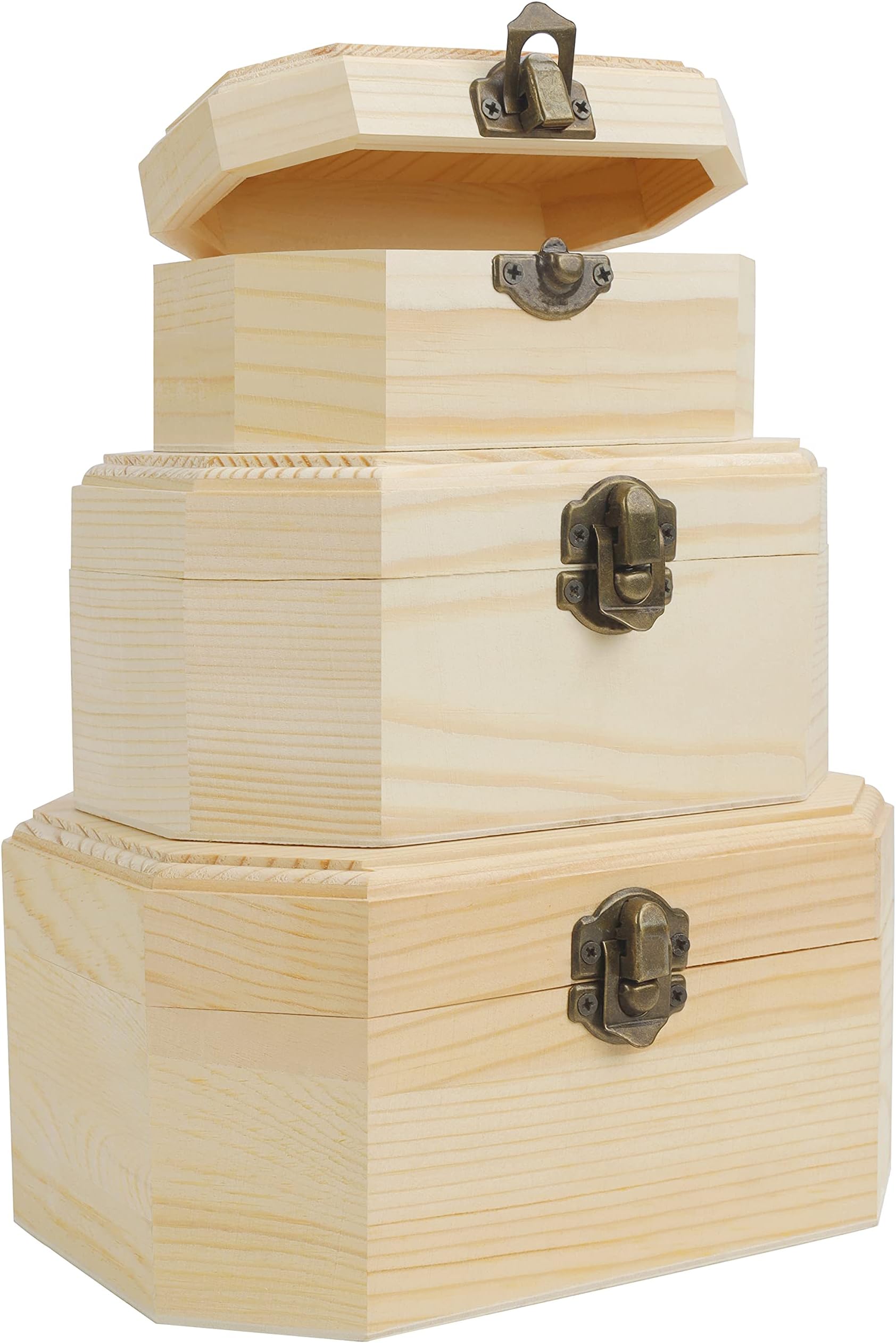 3 Pack Wood Treasure Chest - Small, Medium & Large - Plain Unfinished Wooden Storage Case with Clasp & Hinged Lid - Crafts, Art, Hobbies, Projects, Jewellery Box & Home Keepsake Storage