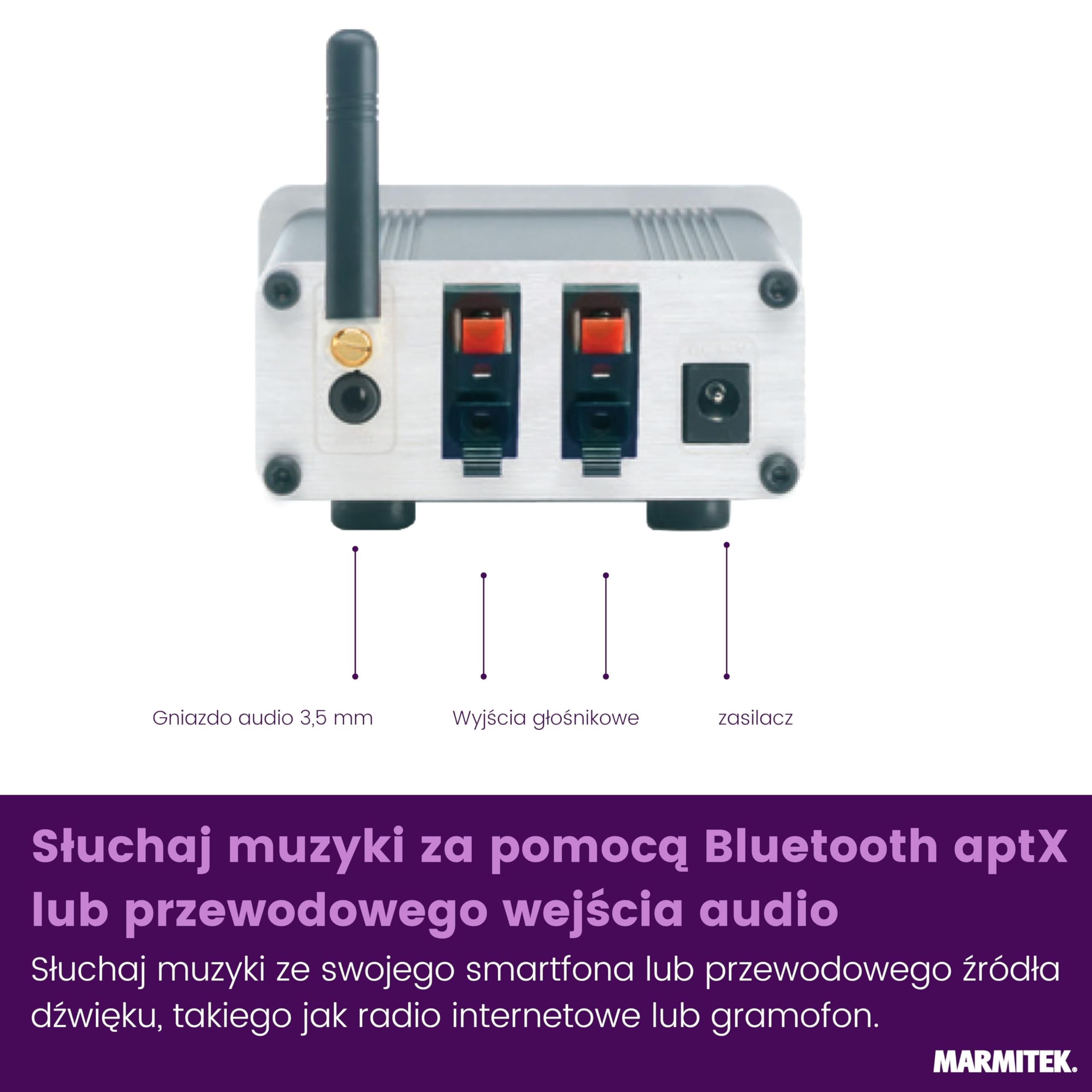 Marmitek BoomBoom 460 - Odbiornik Bluetooth z cyfrowym wzmacniaczem aptX | Audio receiver do głośników pasywnych, 2x20 W RMS, wejście AUX, wyjście głośnikowe i mini wzmacniacz stereo