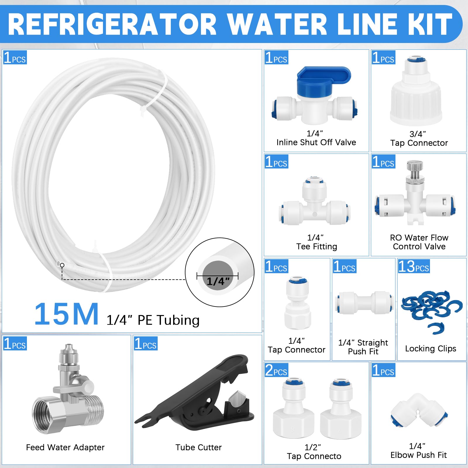 15m Tuyau D'alimentation en Eau Universel, Connecteur de Tuyau de Réfrigérateur 1/4" 6,35mm, Kit de Connecteur de Tuyau de Réfrigérateur, Kit de Connexion pour réfrigérateur,12 Pezzi