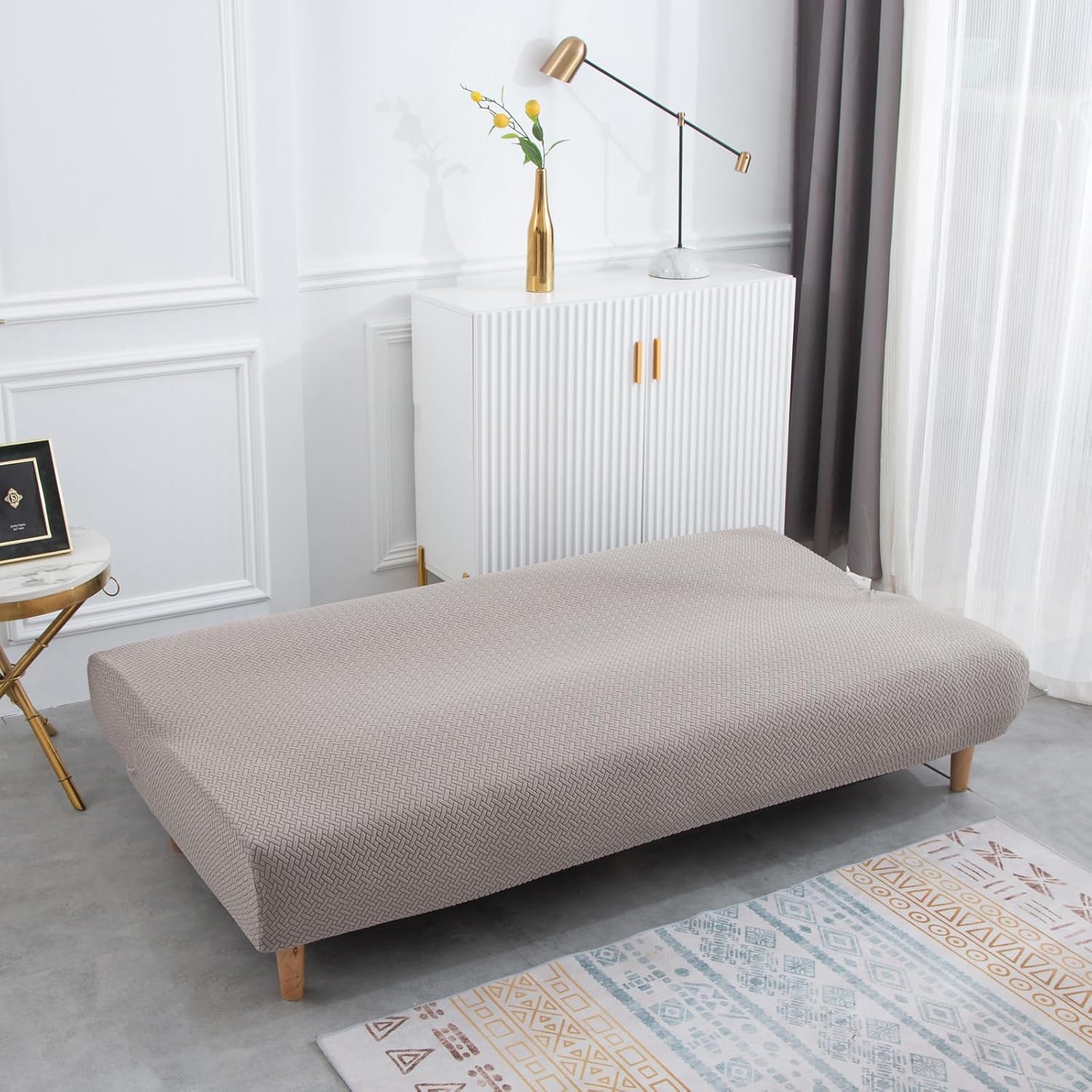 Stretch Futon Cover, Couch Cover for Futon, Armless Sofa Cover, Foldable Sofa Bed Slipcover Without Armrest, Universal Thick Sofa Slipcovers Furniture Protector for Kid, Pet(Weave Camel,Medium)