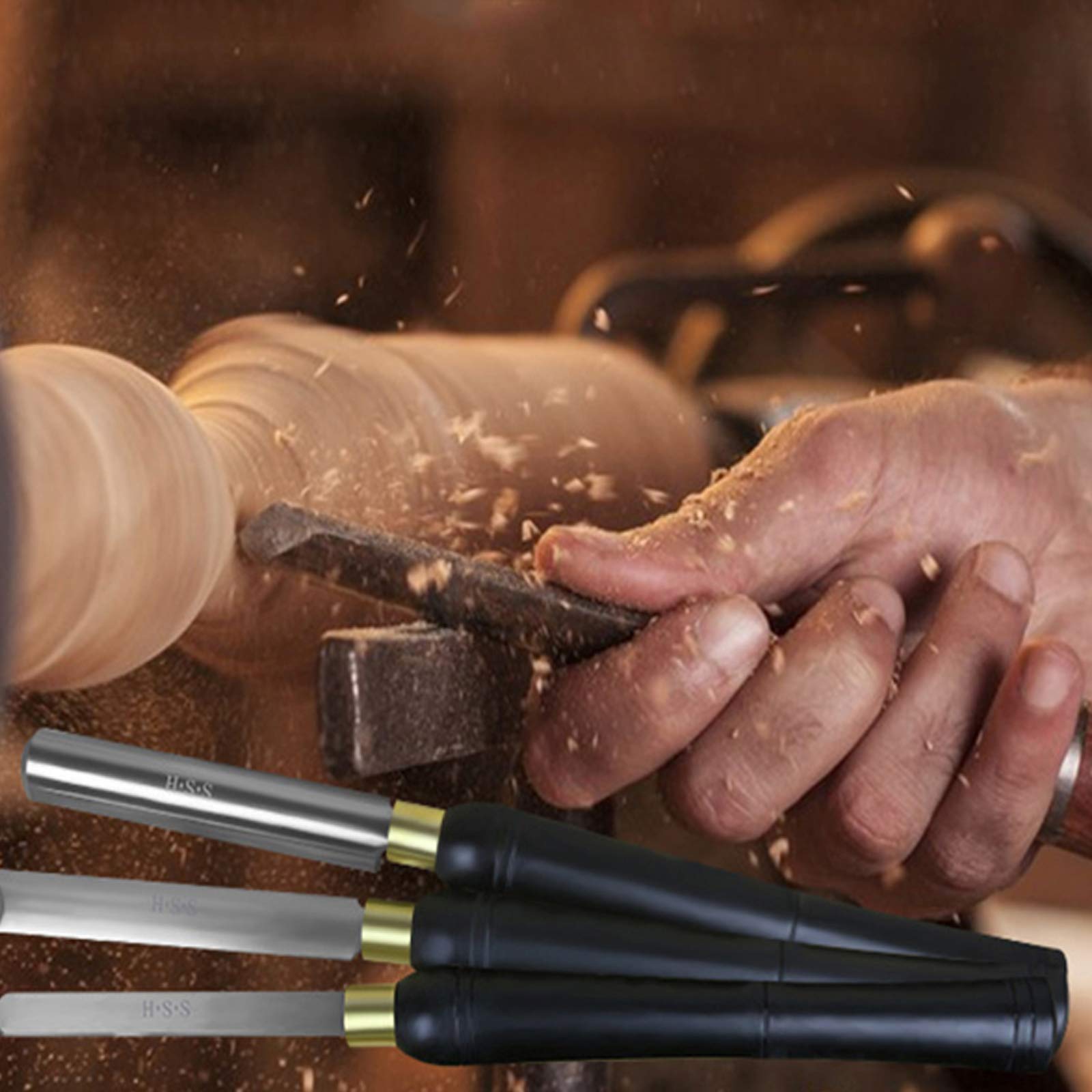 Ensemble de ciseaux de tour à bois HSS: un ensemble de 8pièces d'outils de tournage du bois avec des manches en bois dur, fabriqués en acier rapide avec des viroles en laiton et accompagnés d'une cais