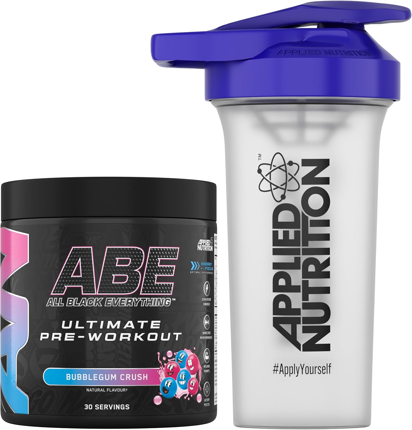 Applied Nutrition Bundle ABE Pre Workout 375g + 700ml Protein Shaker | All Black Everything Pre Workout Powder, Energy & Physical Performance with Creatine, Beta Alanine (Bubblegum Crush)