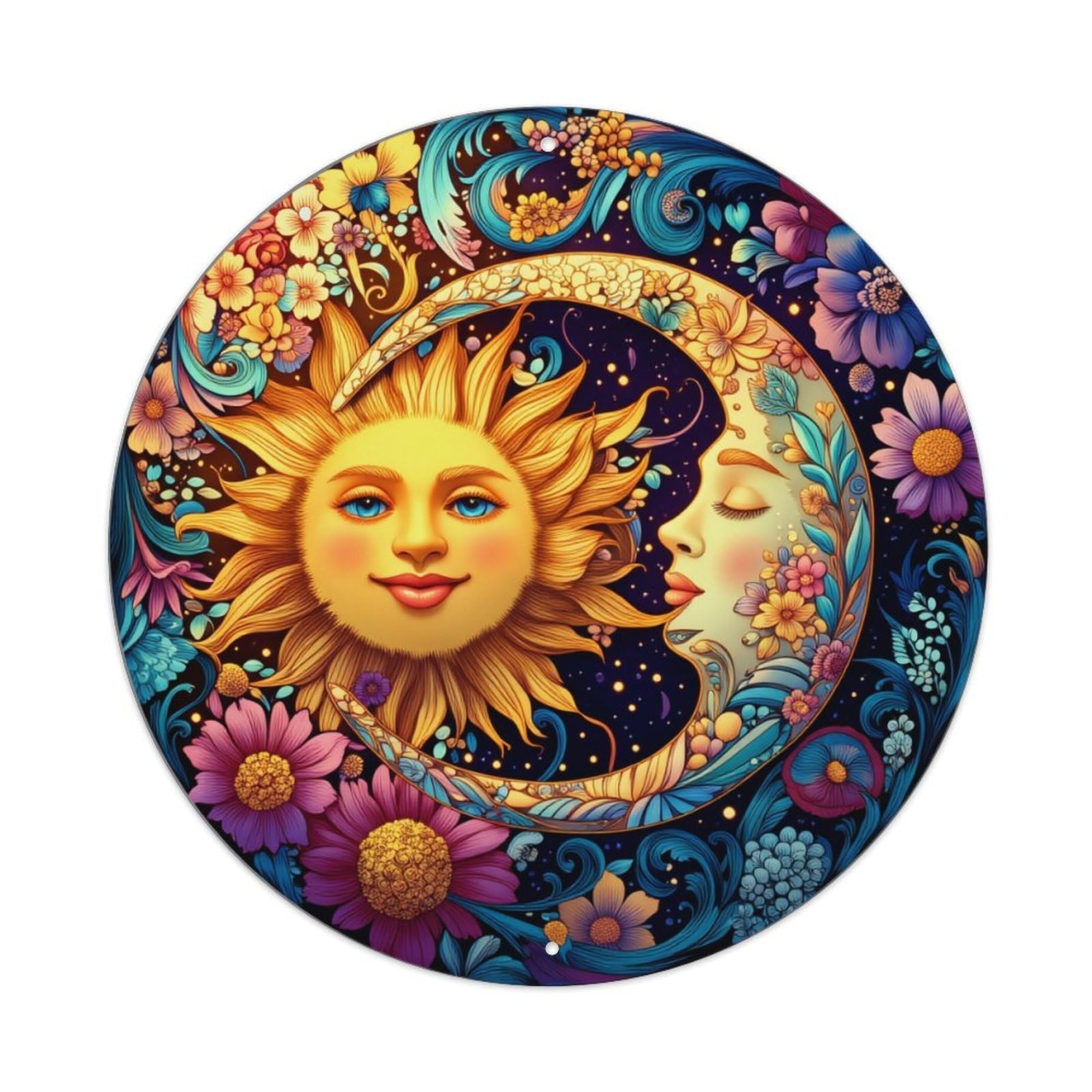 Sun And Moon Floral Pattern_1 Round Tin Sign Retro Metal Sign for Cafe Bar Pub Home Game Room Gym Club Wall Decoration Vintage Metal Poster 8x8 Inch