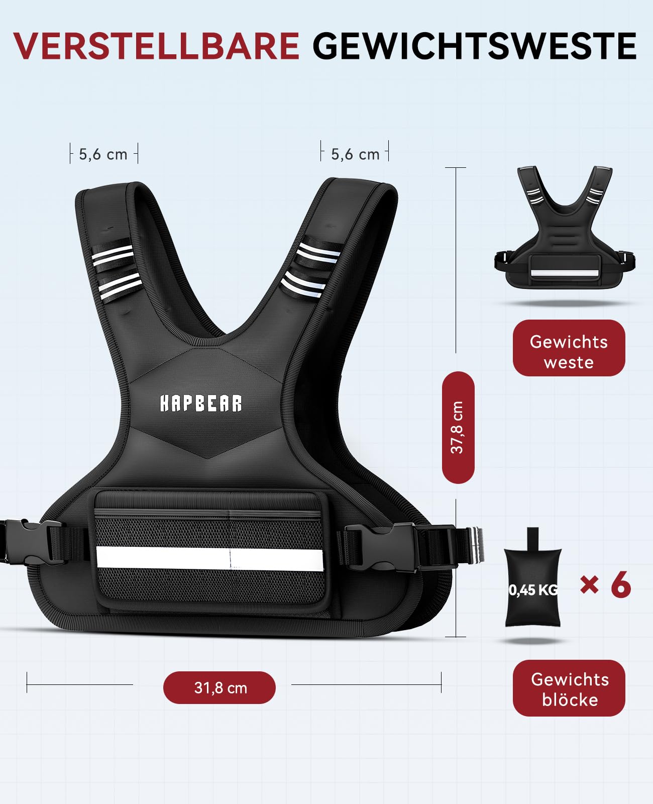 HAPBEAR Verstellbare Gewichtsweste Für Herren & Frauen – Weighted Vest 1,8–14,5 KG Mit 6 Eisensand-Gewichten, Große Tasche mit Kettlebell-Fach – Ideal Für Fitness, Krafttraining, Laufen & Abnehmen-01
