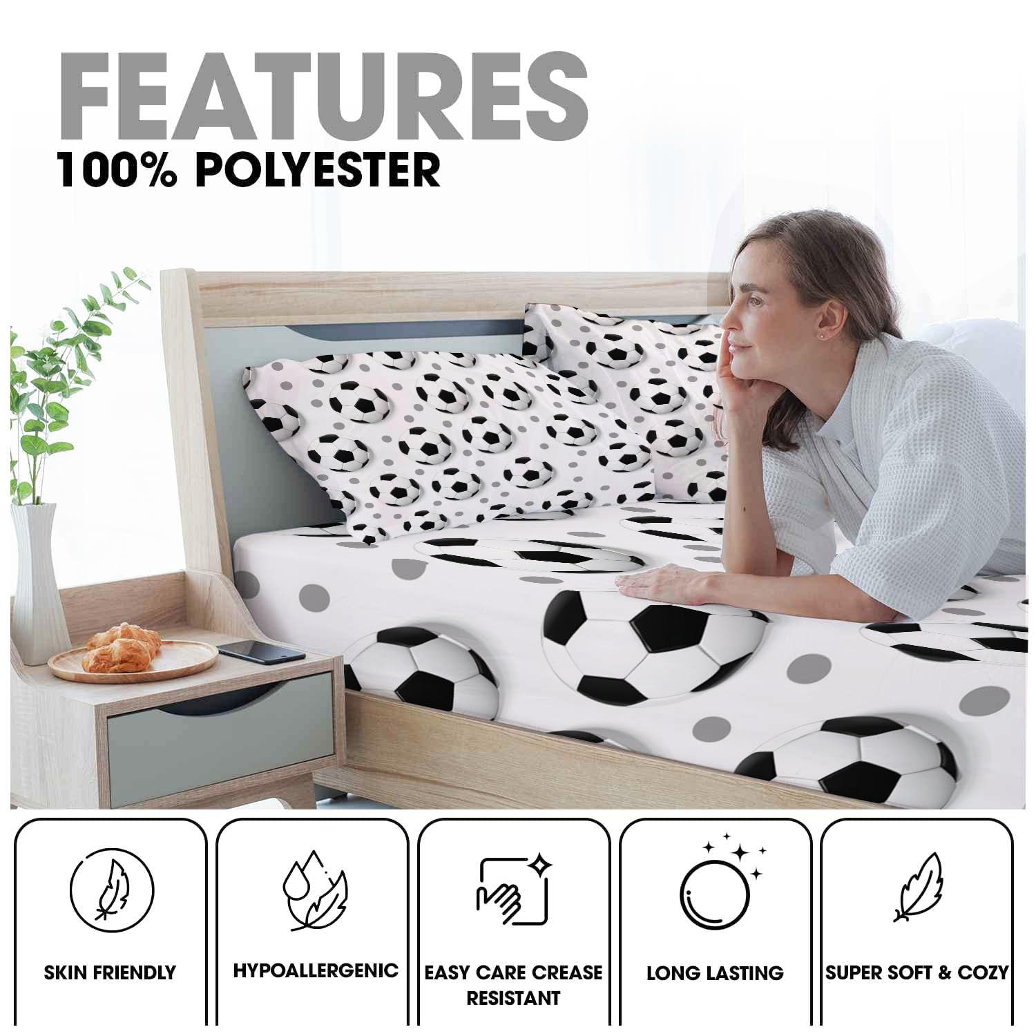 Sábanas 200X190/200Cm - Juego De Sábanas 3 Piezas Estampadas Fútbol De Lunares 3D - Microfibra Suave Transpirable - Sábana Bajera Ajustable - Ropa De Cama Deportes Divertidos (Blanco Y Negro)