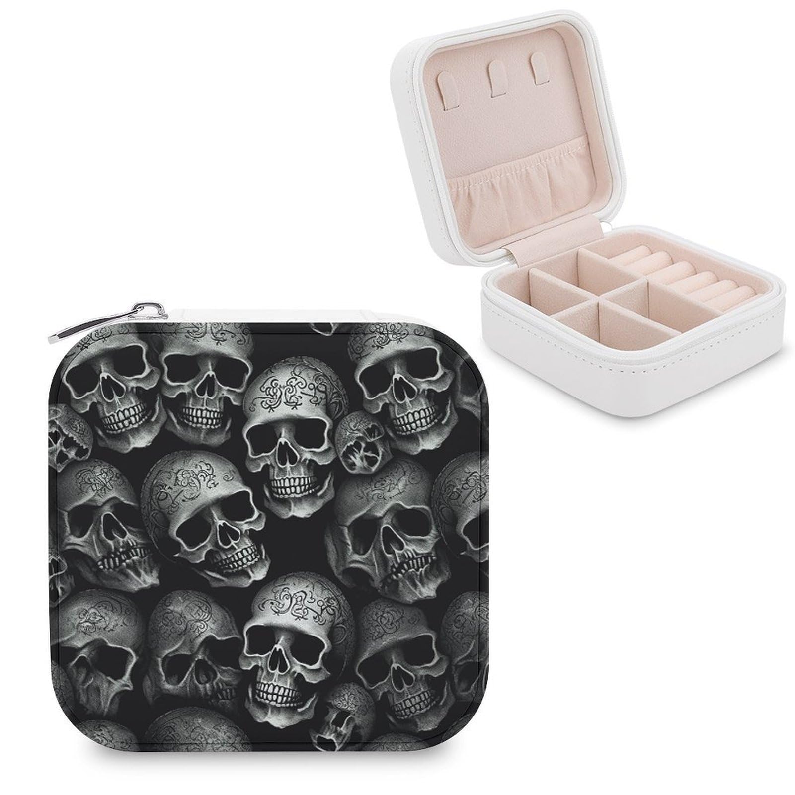 VstaDank Black Skull Travel Jewelry Case Zipper Portable Small Jewelry Box Custom Pu Leather Mini Traveling Jewelry Organizer for Rings Earrings Necklace Bracelet Girls Women