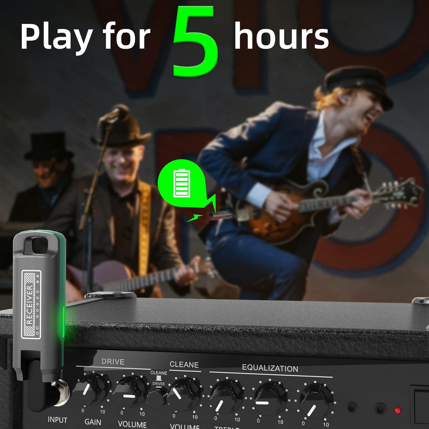 Wireless Guitar Transmitter Receiver, 1 Key to Switch Wireless Guitar System, Supports 10-channel Transmission and Perfectly Compatible with Guitar Accessories with 6.35 mm Audio Interface