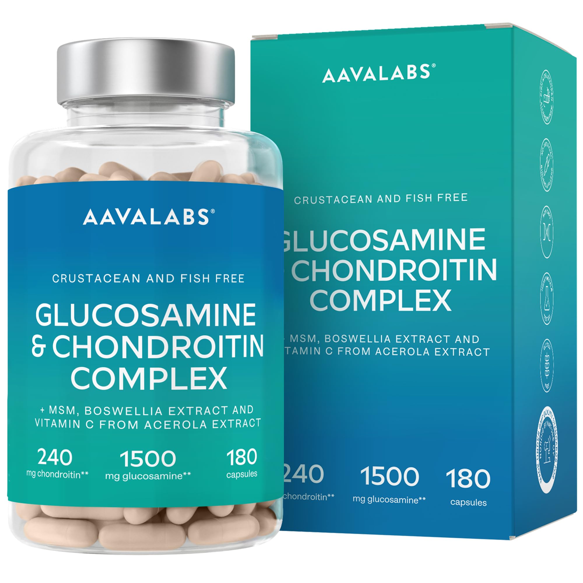 Glucosamina Condroitina MSM Integratore Alto Dosaggio con Boswellia Serrata e Vitamina C Naturale da Acerola - Senza Pesce e Crostacei - Integratore Difese Immunitarie, Ossa, Cartilagini - 180 Capsule