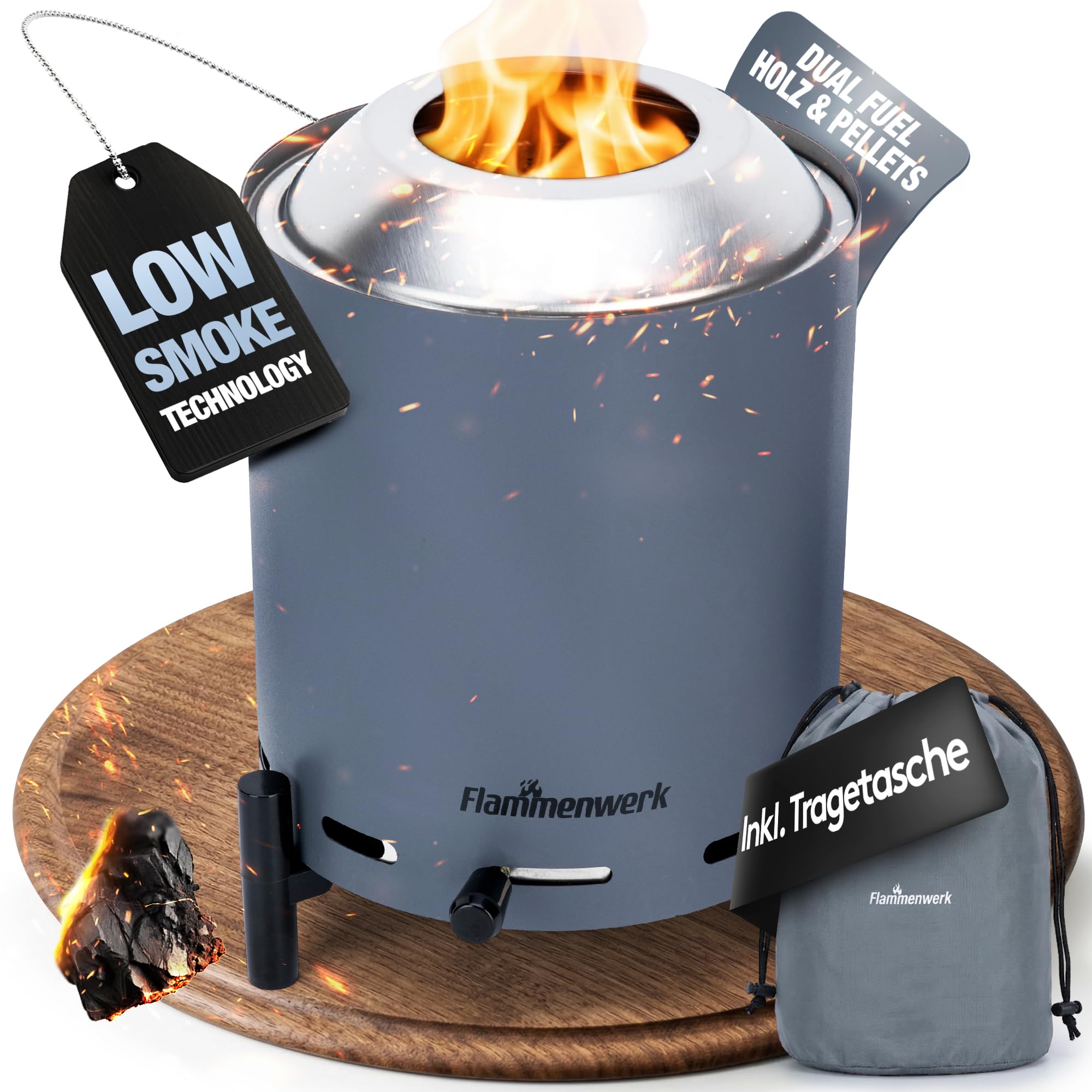 Raucharmes Tischfeuer, Tischkamin Outdoor für Pellets & Holz – Outdoor-Tischfeuer 360° Luftregulierung, Doppelwandiges Edelstahl & Tragetasche – Perfekt für Balkon, Terrasse & Camping