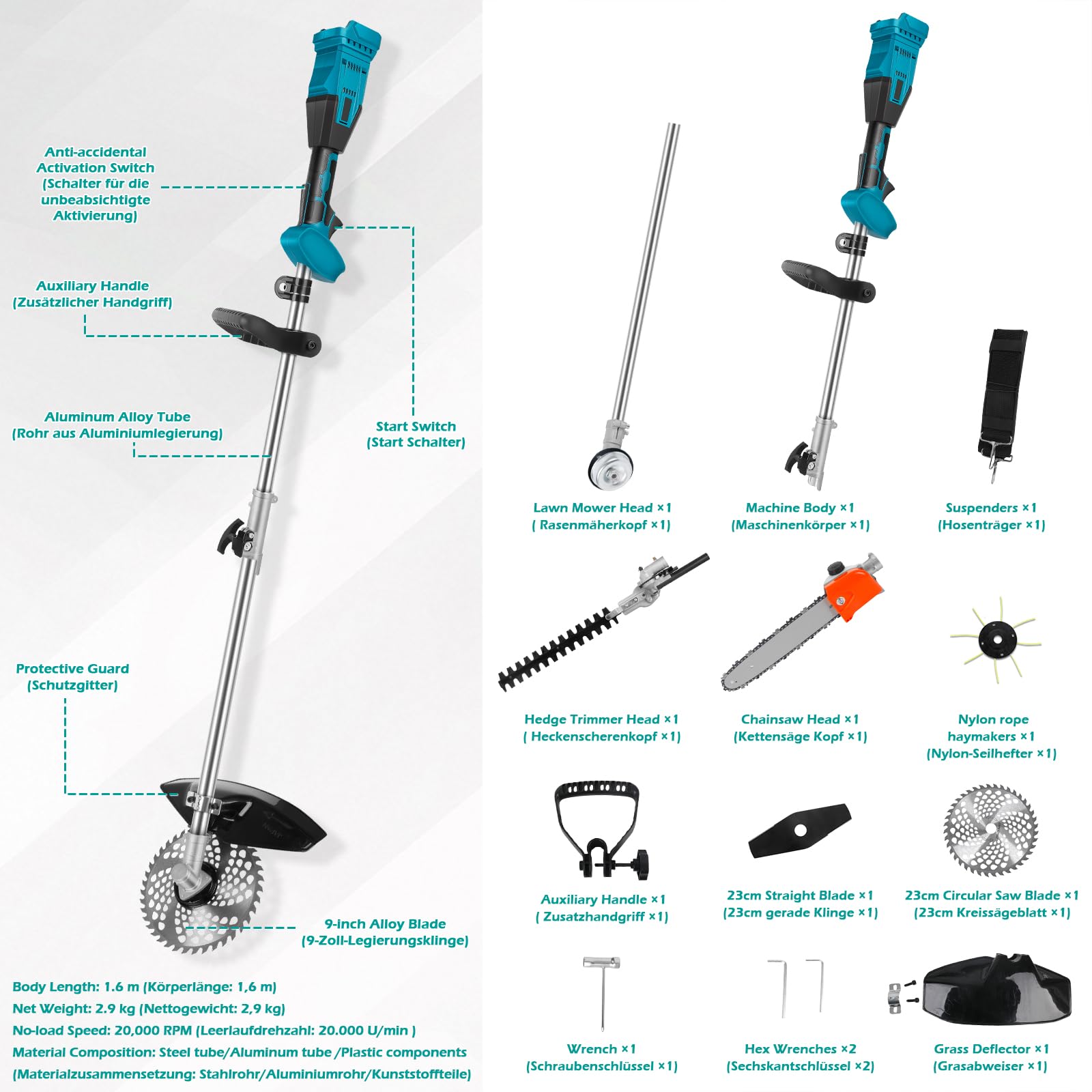 Multiherramienta 4 en 1, Cortasetos, Motosierra, Recortadora, cortacésped, Compatible con Makita 18 V MAX batería