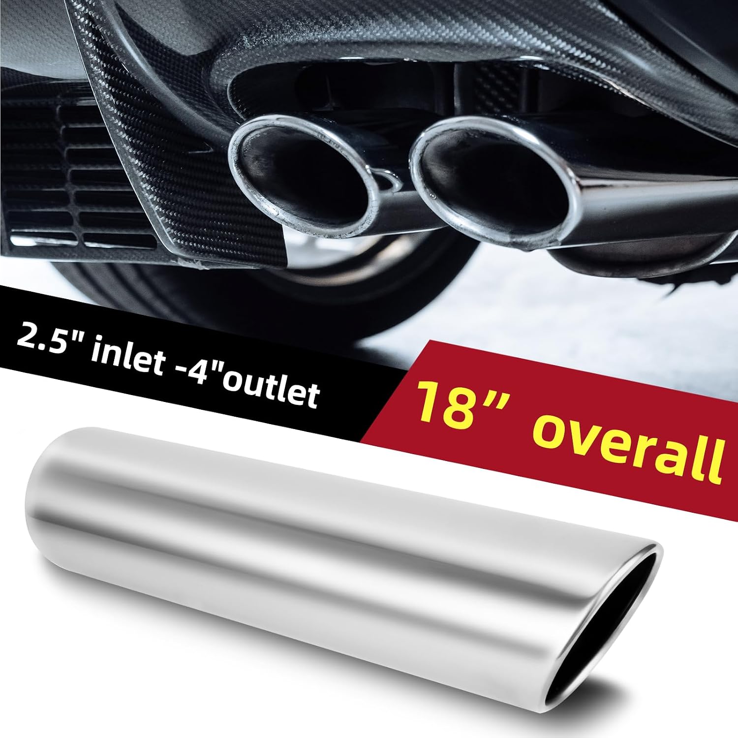 LCGP Exhaust Tip DT-254018RAC, 2.5" Inlet 4" Outlet 18" Long, Weld On Tailpipe for Car Trucks, Polished, Universal Stainless Steel Diesel Exhaust Tailpipe, Rolled Angle Cut