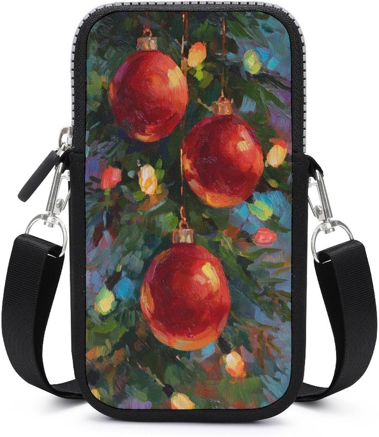 Christmas Tree with Three Red Ornaments Crossbody Mobile Phone Bag Smartphone Bag With Adjustable Strap