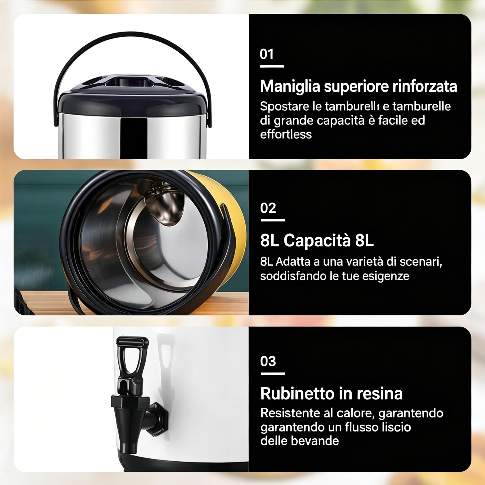 Distributore Di Bevande In Acciaio Inossidabile, Secchio Isolato 8L Per Bevande Calde E Fredde Con Rubinetto Per Tè Al Latte