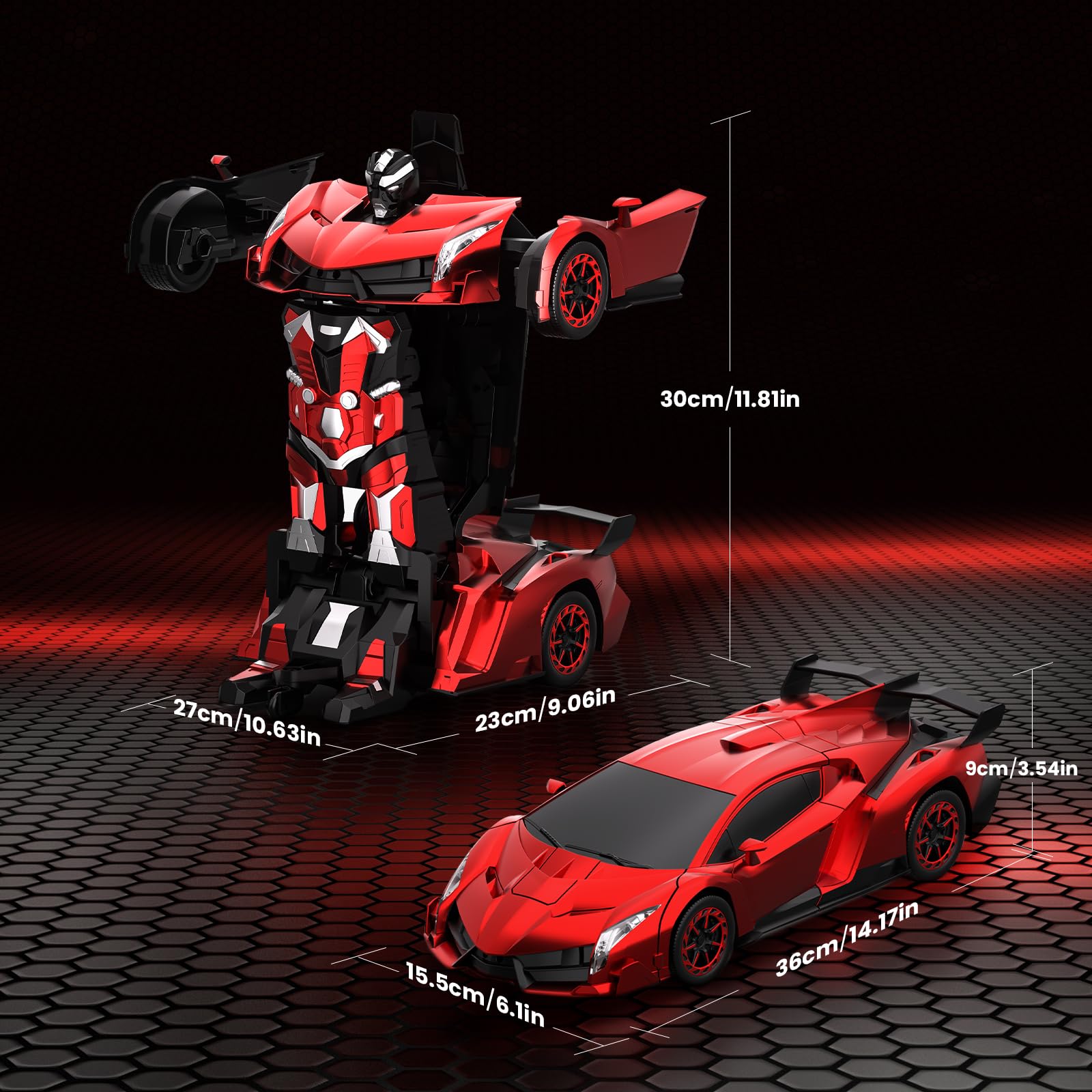 YONCHER Auto Telecomandata Trasformabile, 1:12 Grande Auto Robotica RC Trasformabile, Giocattolo 2 in 1 con Musica e Luci, Rilevamento dei Gesti per Bambini, Rosso