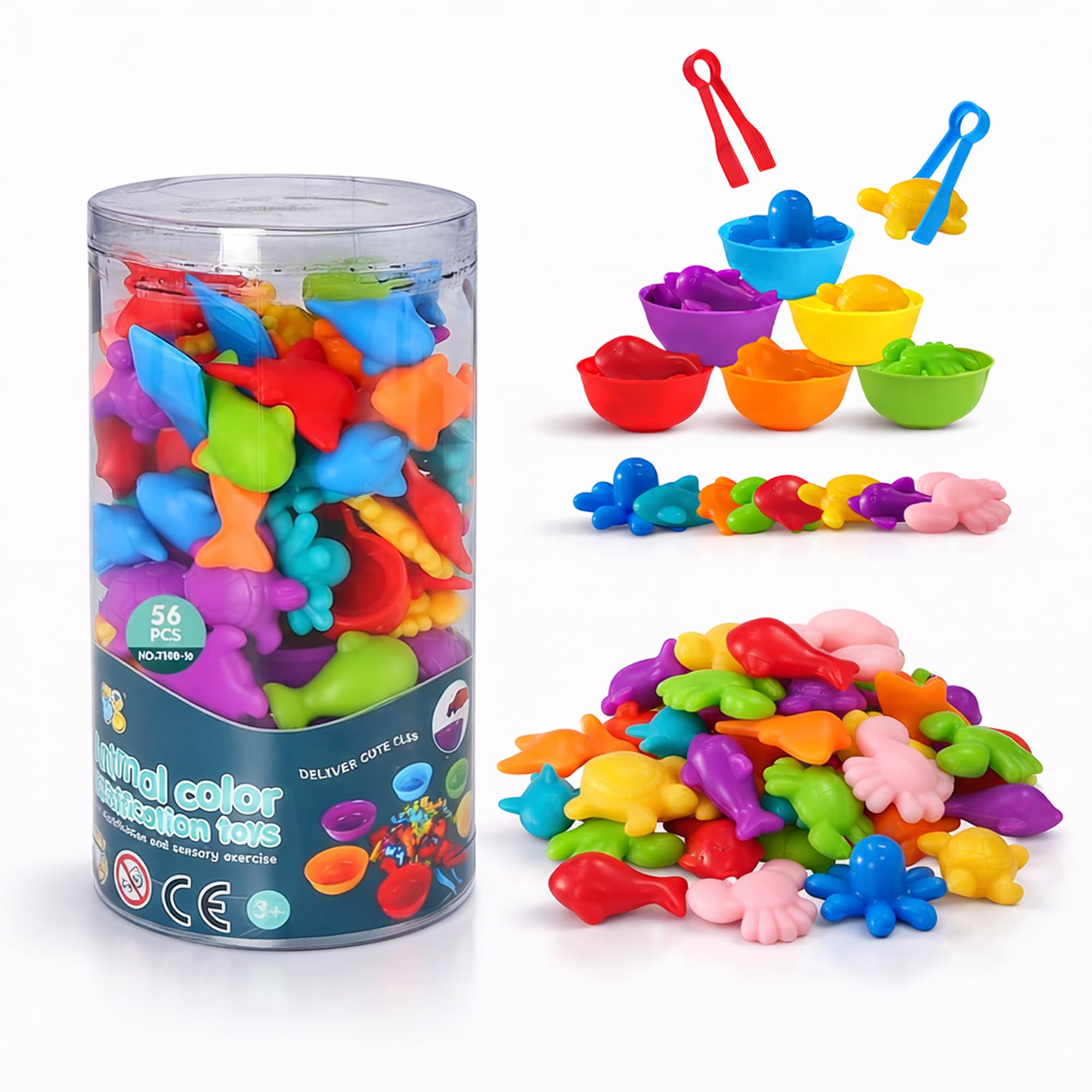 Bluelander Set de Juguetes de Clasificación de Colores, 64 Piezas, Juegos Didacticos, Juguetes Educativos, Desarrollo Cognitivo, Juguetes Didácticos para Niños, No Tóxico, Sin BPA (Animales Marinos)