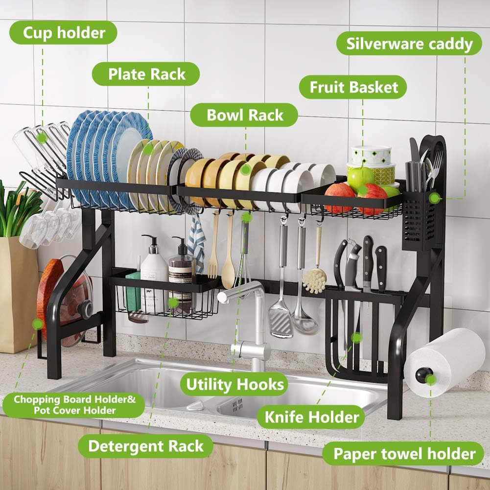 1Easylife Dish Drying Rack Over The Sink Upgraded Adjustable Large Dish Rack 2-Tier Drainer for Kitchen Organization Storage Space Saver Shelf Holder with 7 Utility Hooks dishracks Above Sink Black