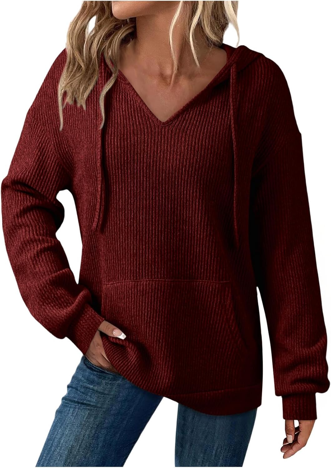 Womens Ribbed Knit Hoodies V Neck Pullover Sweatshirts Long Sleeve Hoodie with Front Pocket Fall Clothes Outfits