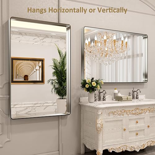 Miniatura 64 de LOAAO - Espejo de tocador para baño con marco de metal negro mate de 24 x 32 pulgadas para pared, rústico, rectangular, grande, redondeado