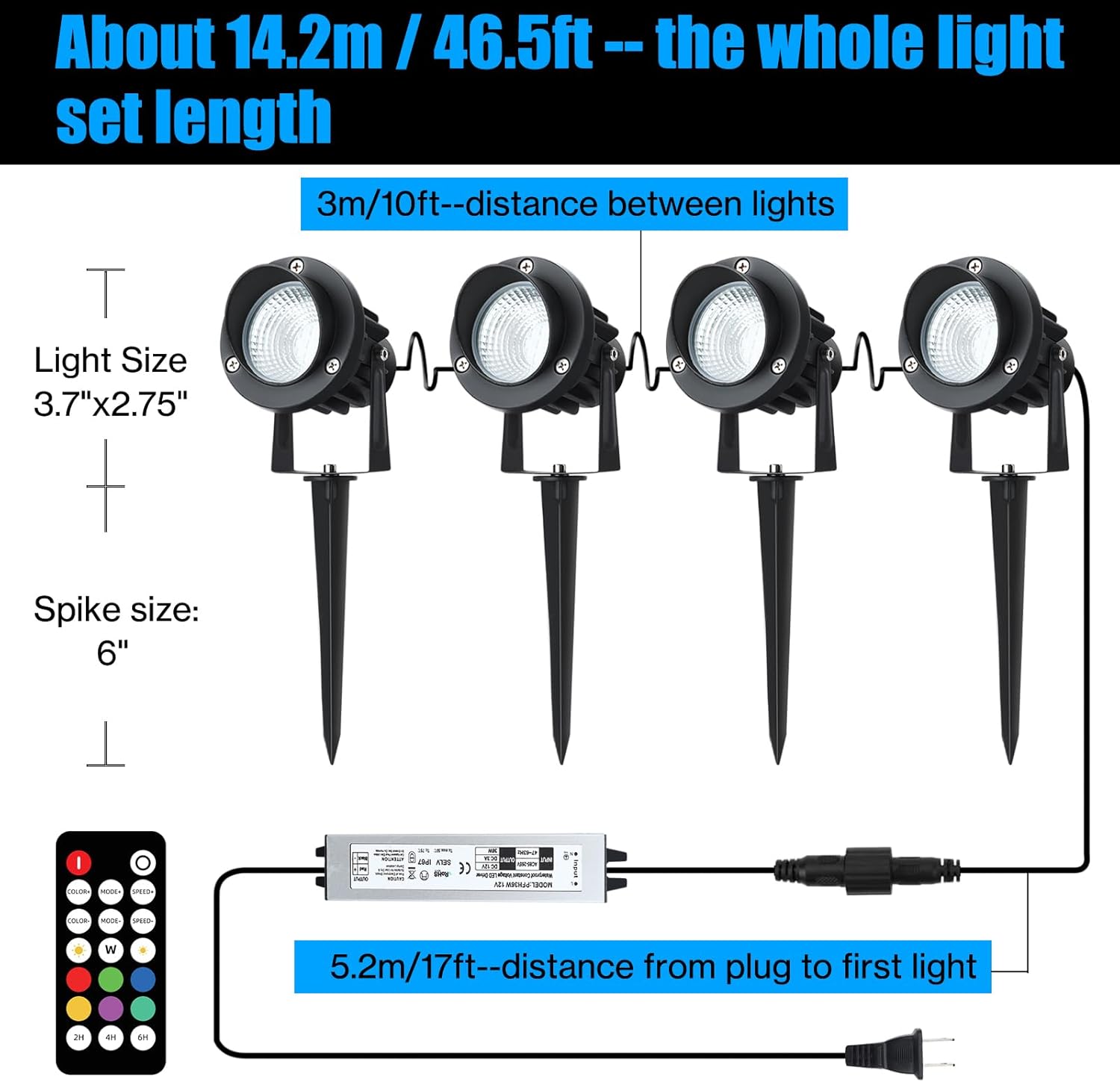20W Outdoor RGB LED Spotlights 4 Pack, 120V 1000lm with Remote & Transformer, 12 Colors 19 Modes, IP65 Waterproof 46.5ft Cord, Landscape Lights for Yard Garden Christmas Halloween