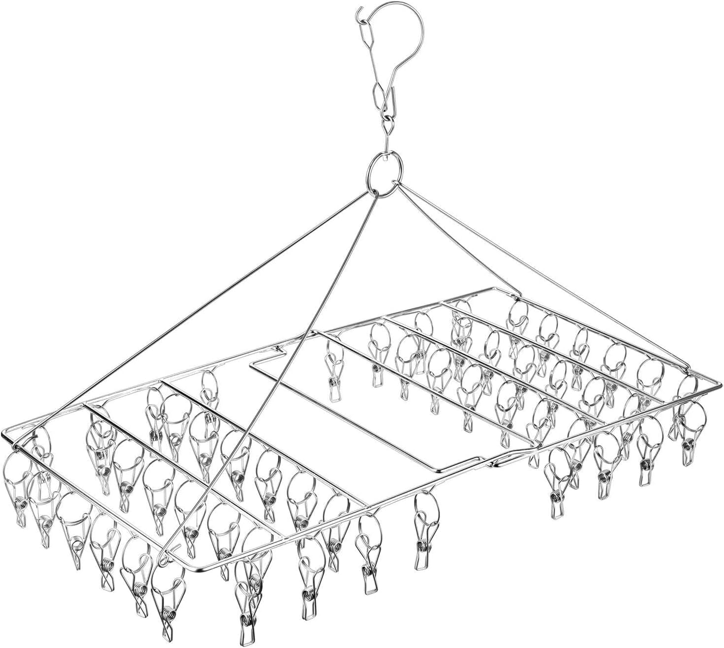 2 Pack Large Collapsible Clothes Drying Hanger, Stainless Steel Metal Laundry Drying Rack for Sock, Diapers, Underwear, Lingerie, Hat, Mask and Herbs (Total 104 Clips)