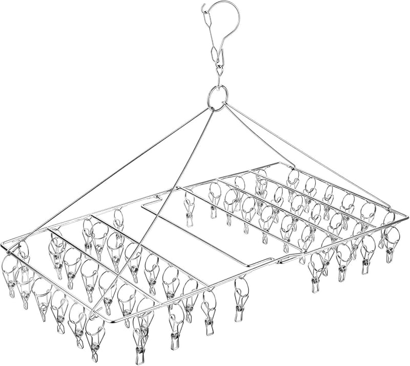 Secador de medias plegable con 52 clavijas, rejilla de secado giratoria de acero inoxidable, gancho a prueba de viento para medias, ropa interior, lencería, sábanas y todos los artículos pequeños