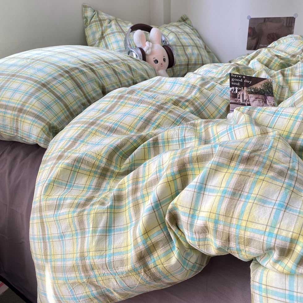 Image of EAVD Multicolor Buffalo Plaid Duvet Cover Queen Soft 100% Washed Cotton Reversible Grid Checkered Plaid Bedding Set Vintage Gingham Duvet Cover with 2 Pillowcases Modern Checkered Bedding Set
