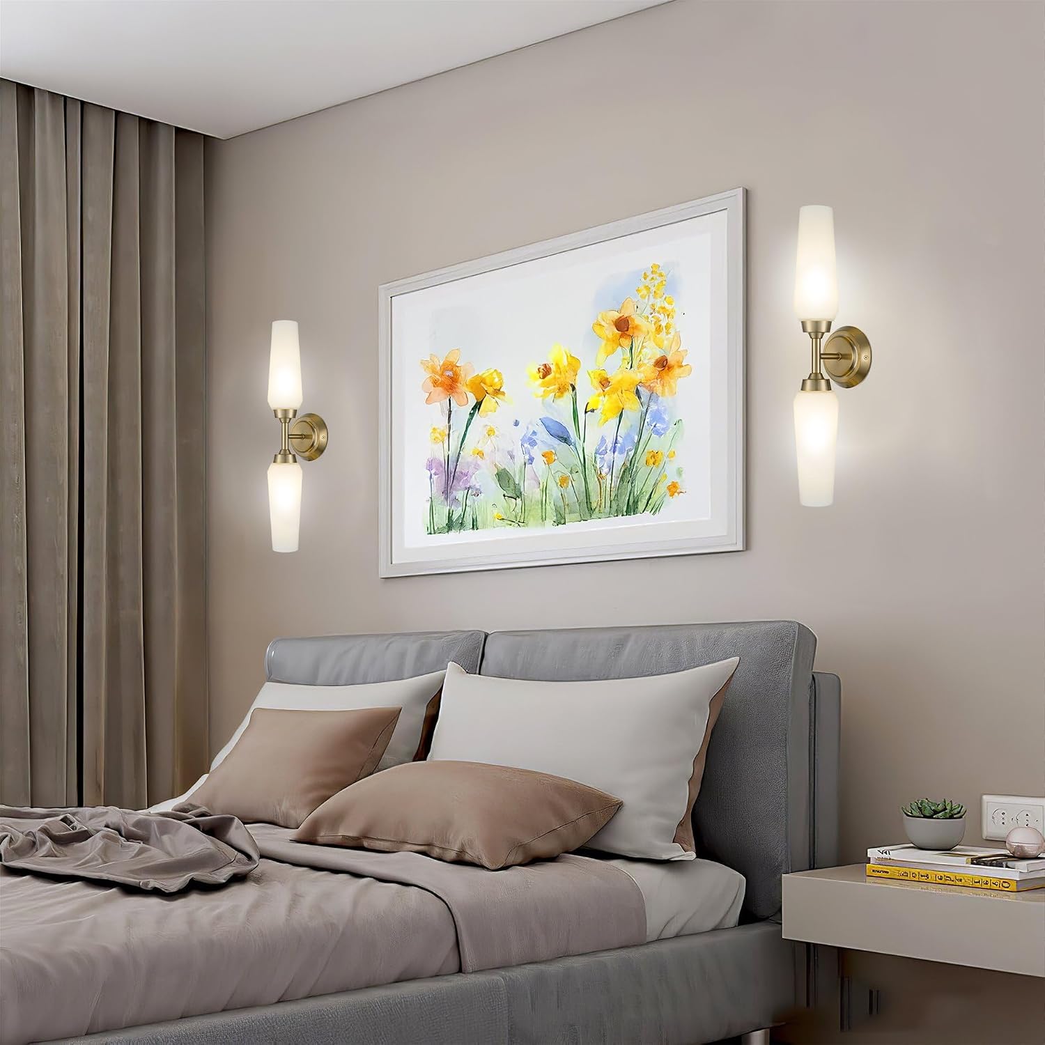 Kira Home Aurora 21" Modern Gold Wall Sconce with Frosted Glass Cylinder Shades, Linear 2-Light Gold Wall Light, Cool Brass Finish