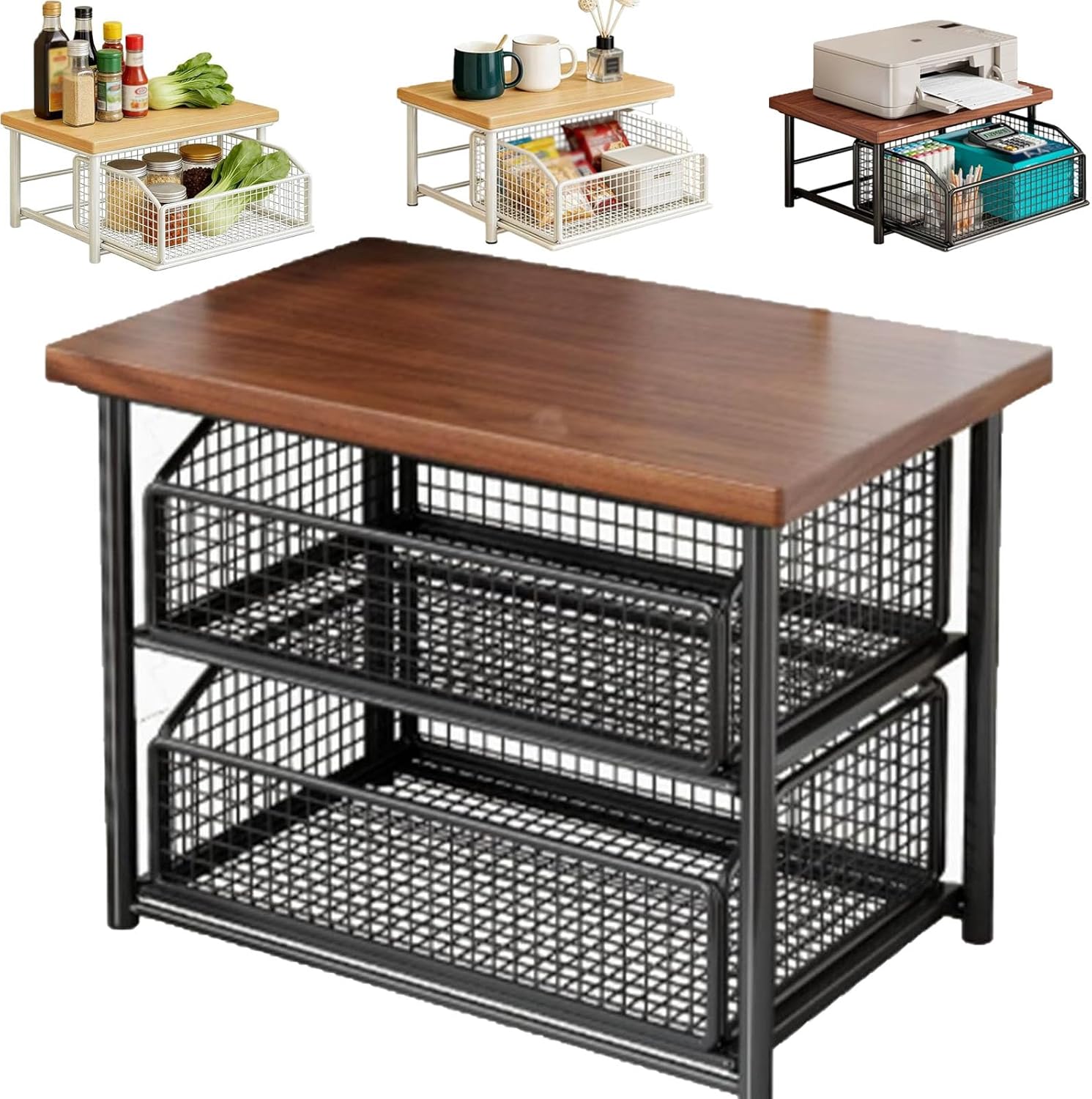 Kitchen Countertop Organizer with Drawer and Wire Basket, 2-Tier Hardwood Shelf for Microwave, Sturdy Hardwood Shelf, Space-Saving, for Storage in Family Tables, Kitchens, Bedroom Home (2, A-1)