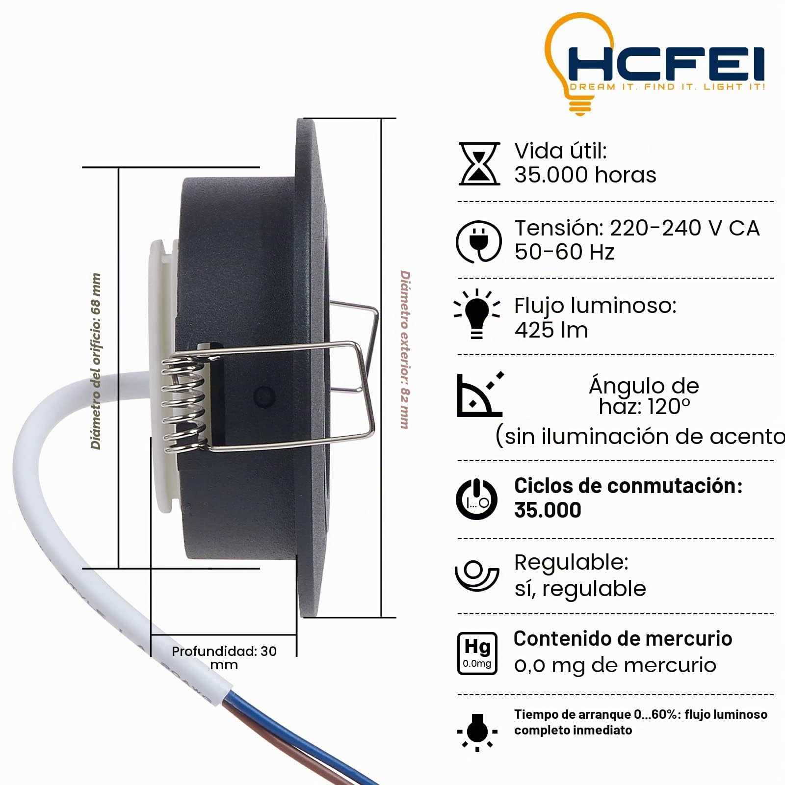HCFEI Light Design Dreesbach - Juego de 10 focos led empotrables (intensidad regulable, orientables, 5 W, 230 V, orificio de perforación de 68 mm, ángulo de haz de 120°, 3000 K, 10 unidades)