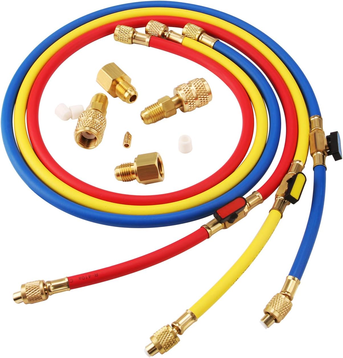 Lichamp 3 Pieces 5FT AC HVAC Manifold Gauge Hose Kit with Ball Valve Tension Hose and 4 Pieces Hose Adapters Fits R134A R410A R404A R12 R22 R502 R1234YF Refrigerants