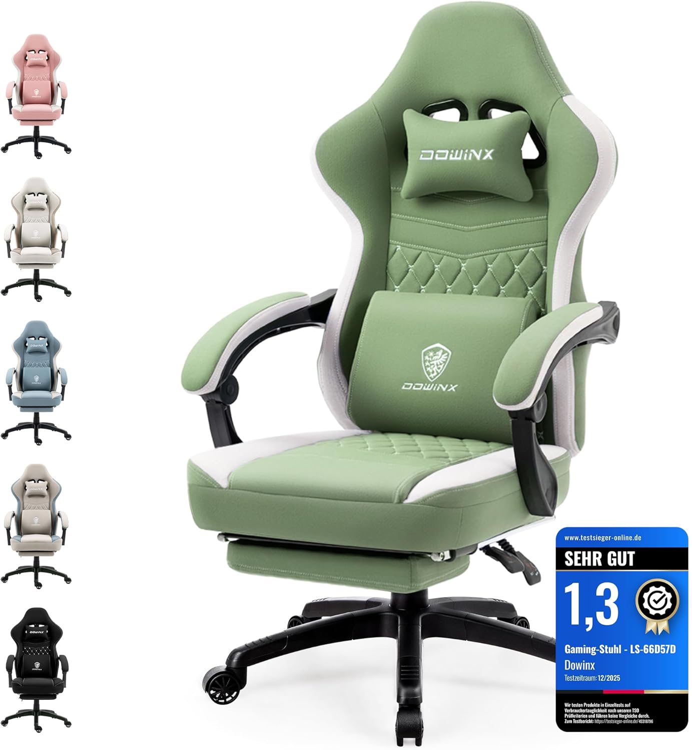 Dowinx Gaming Stuhl Stoff mit Taschenfederkissen, Höhenverstellbare Kopfstütze, Gaming Sessel mit Fußstütze, Ergonomischer PC Stuhl Gamer Stuhl Bürostuhl 150 kg, Grün