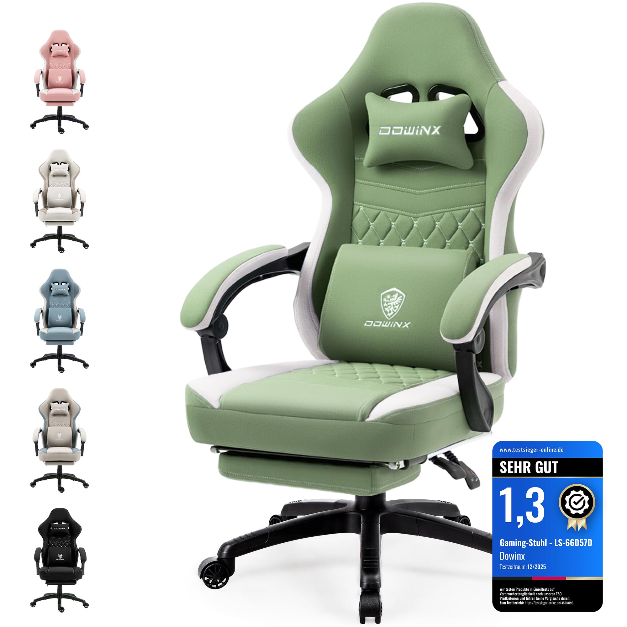 Dowinx Chaise Gaming Tissu avec Coussin à Ressorts ensachés, Fauteuil de Gamer avec Repose-Pieds, Chaise Ergonomique pour PC Gamer Chaise de Bureau capacité de Charge 150 kg, Vert