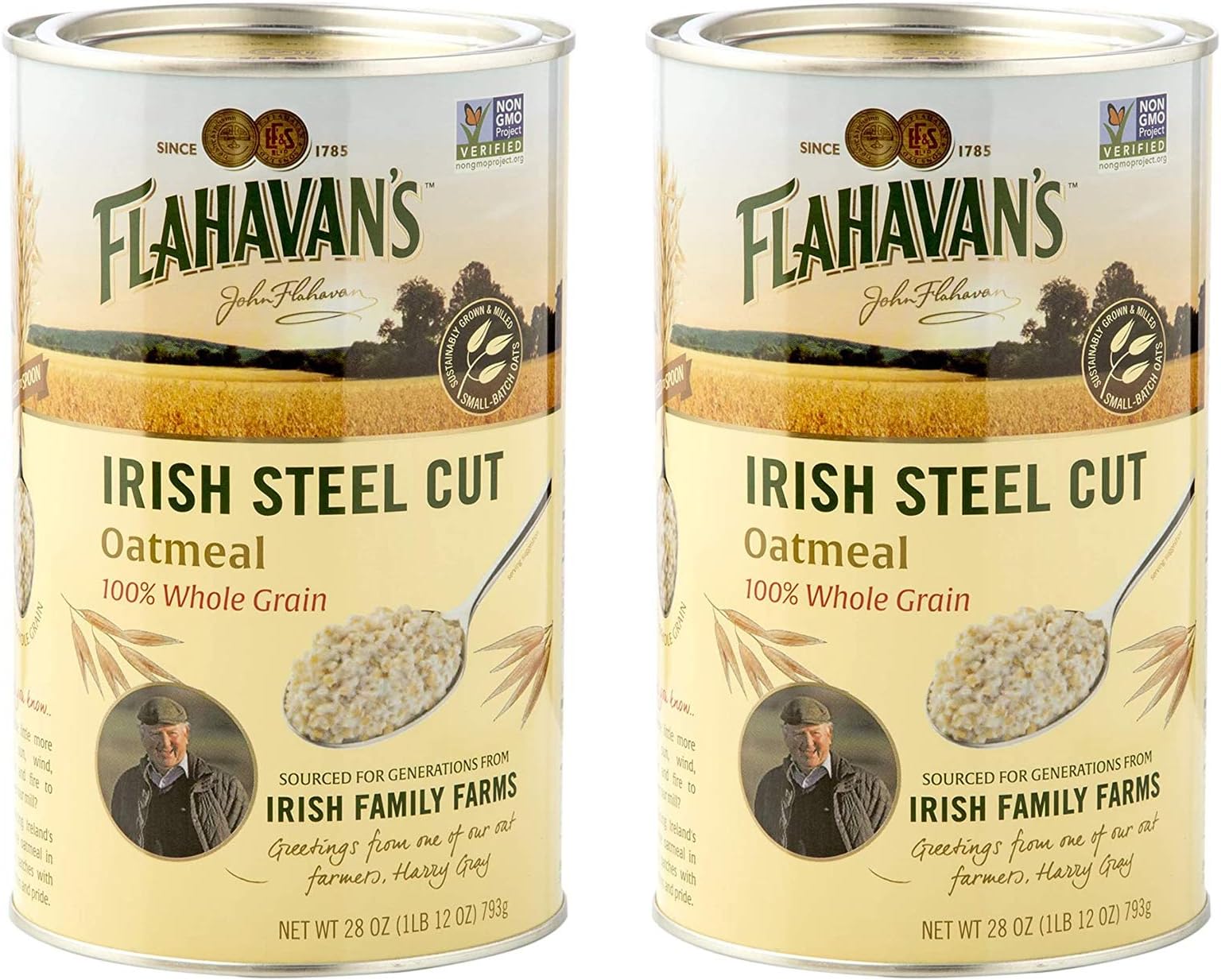 Flahavan’s Irish Steel Cut Oatmeal, 28 Ounce, 100% Whole Grain Oats, Non-GMO Verified, Field to Spoon, Traditional Irish Oatmeal, Tin [Pack of 2]