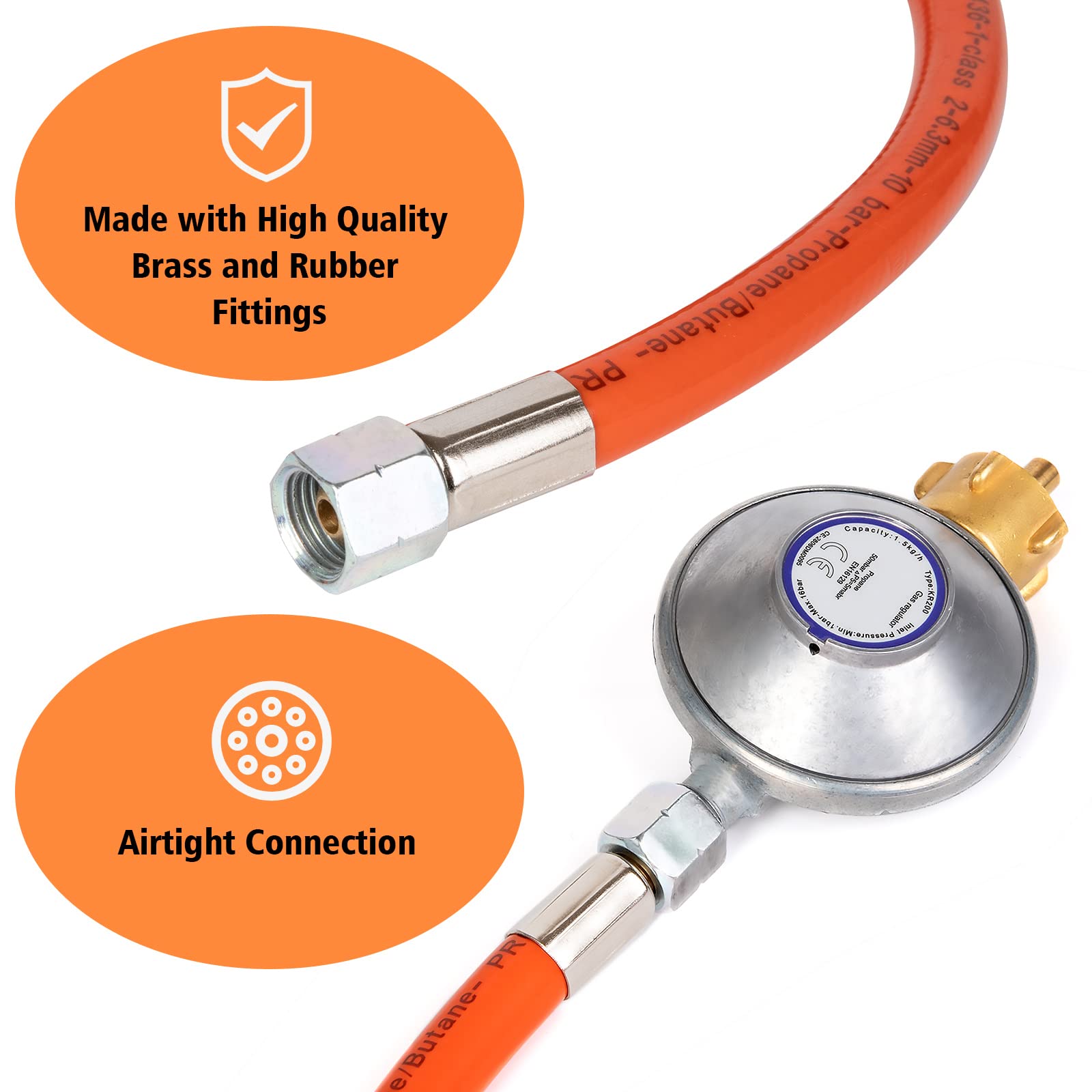 PHYLES Regolatore di pressione del gas 50mbar，Set con riduttore di pressione per gas e tubo per il gas, lunghezza 1,5 m