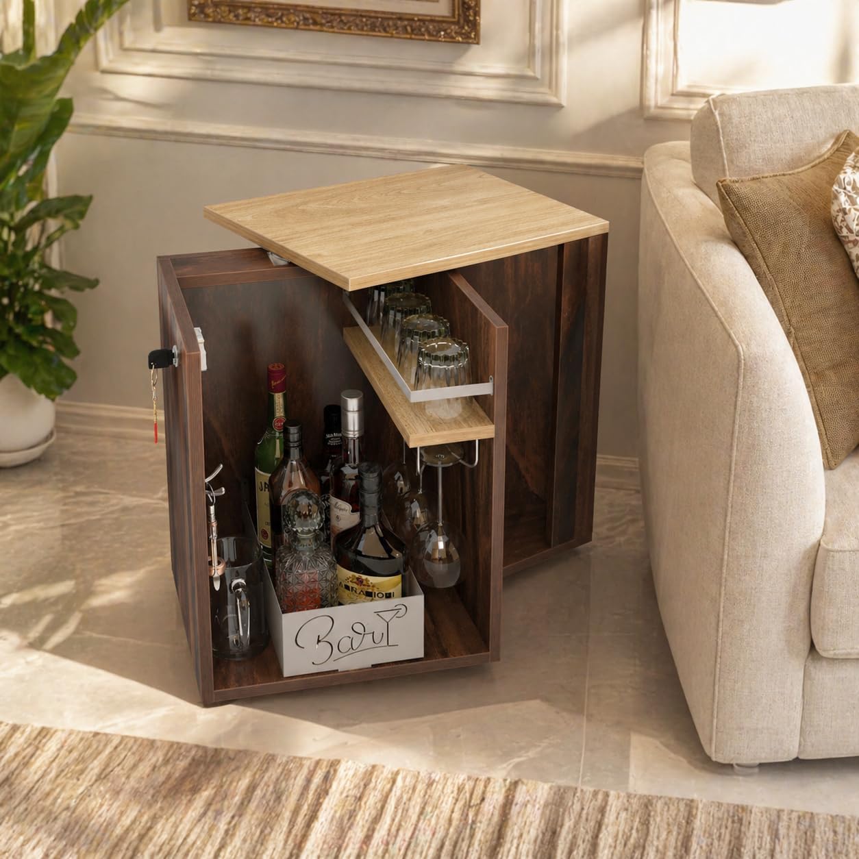 Studio Kook Classic Mini Bar - 360° Revolving Wooden Home Bar Cabinet with Lock, Stainless Steel Glass Holder, Delivered Preassembled (Junglewood, Matte Finish)