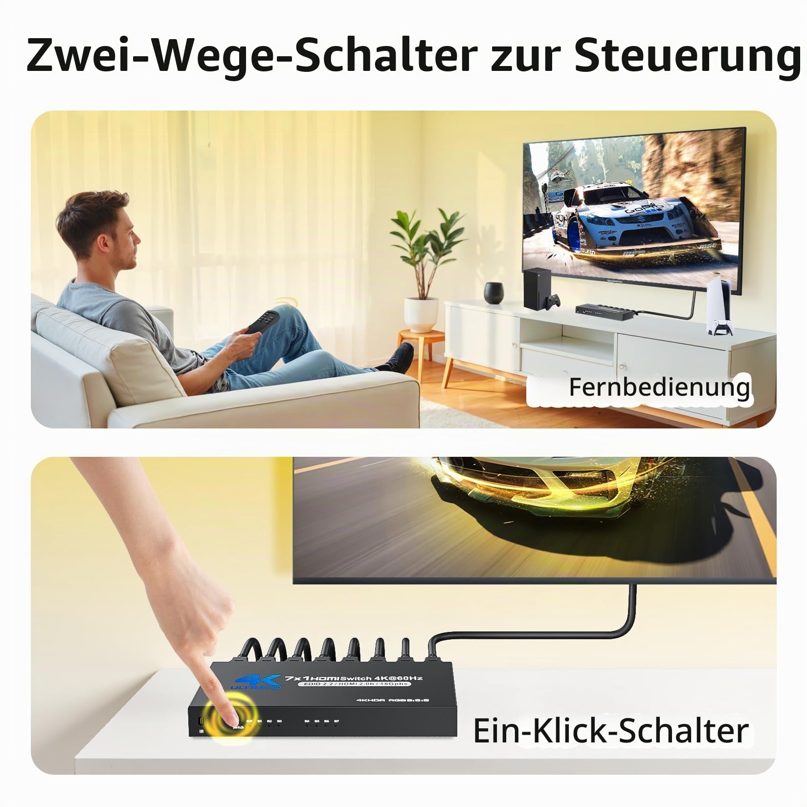 HDMI 2.0 Switch 7 In 1 Out, BolAAzuL 4K@60Hz HDMI zu HDMI-Port Erweiterer Switch HDR HDMI 2.0 Switcher Fernbedienung unterstützt 3D, HDCP2.2, HDR für PS5, Xbox-Serie X, HDTV, PC