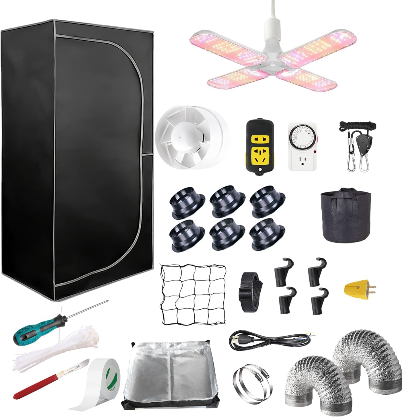 Mylar Grow Tent 48"x24"x80" Complete Grow Tent Kit Indoor Plant Growing Room LED Full Spectrum Grow Light Hydroponics Growing System Ventilation Inline Fan (Half Grow Tent Kit)