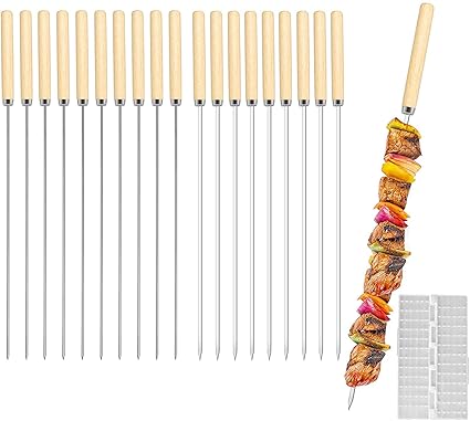 DELFINO Kebab Skewers, 20 Pcs Stainless Steel BBQ Skewers Reusable Metal Skewer Sticks Flat and Round Barbecue Grilling Skewers Meat Skewers with Wooden Handle, with Quick Meat String Device