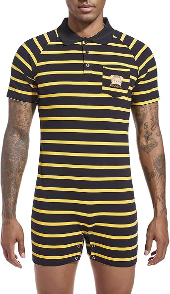 Landofgenie Mens Short Sleeve Romper Onesie One Piece Stripe Pajamas with Polo Collar