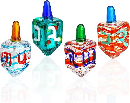 HDCRYSTALGIFTS Set 4 Blown Glass Tradition Hanukkah Dreidel Figurine Ornament 1.5 Art Glass Classic Dreidel Paperweight Collectibles Jewish Hanukkah Gift