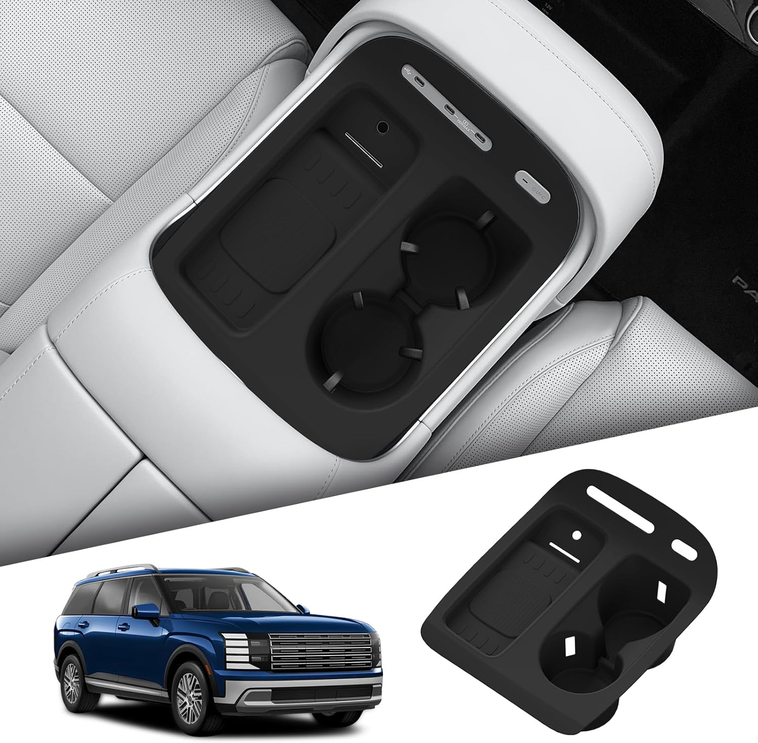 smabee 2 in 1 Wireless Charging Cup Holder Organizer for Hyundai Palisade 2026 Center Console Organizer Wireless Charging Protective Pad Silicone Cup Holder Insert Accessories Black