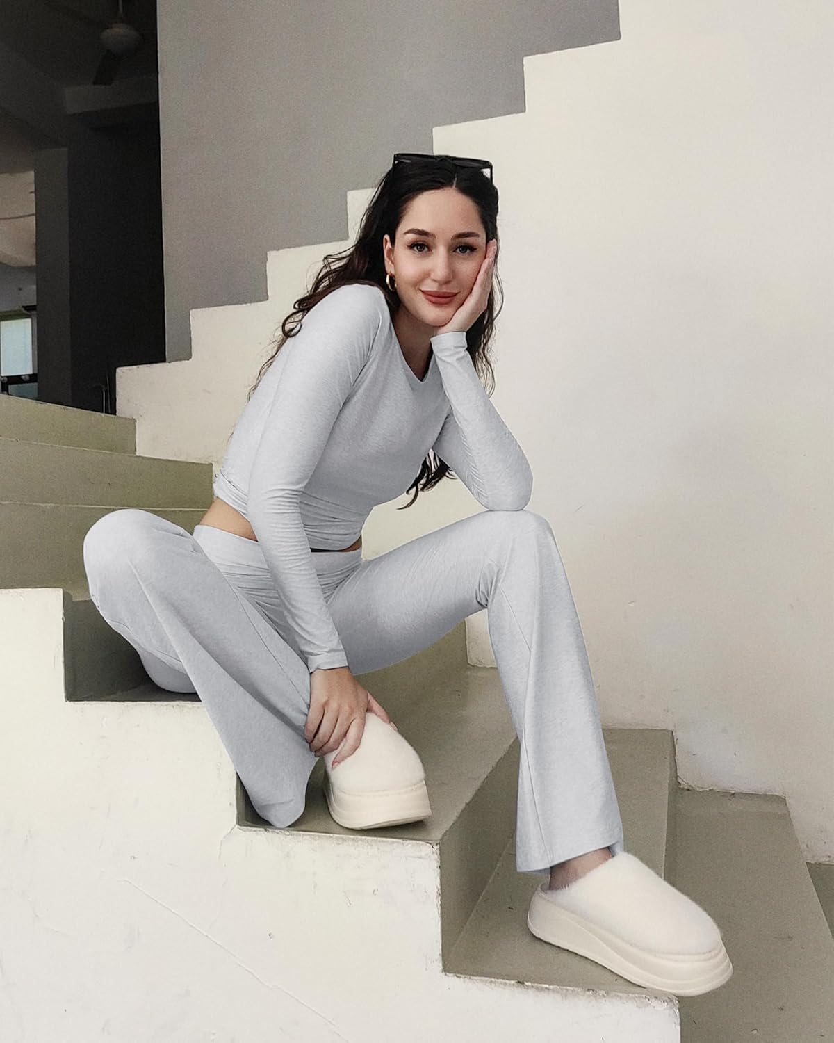 ZOOSIXX Lounge Sets for Women - 2 Piece Outfits Crop Tops with Fold Over Flare Leggings Fall Loungewear Fitted Pajama Sets - Image 4