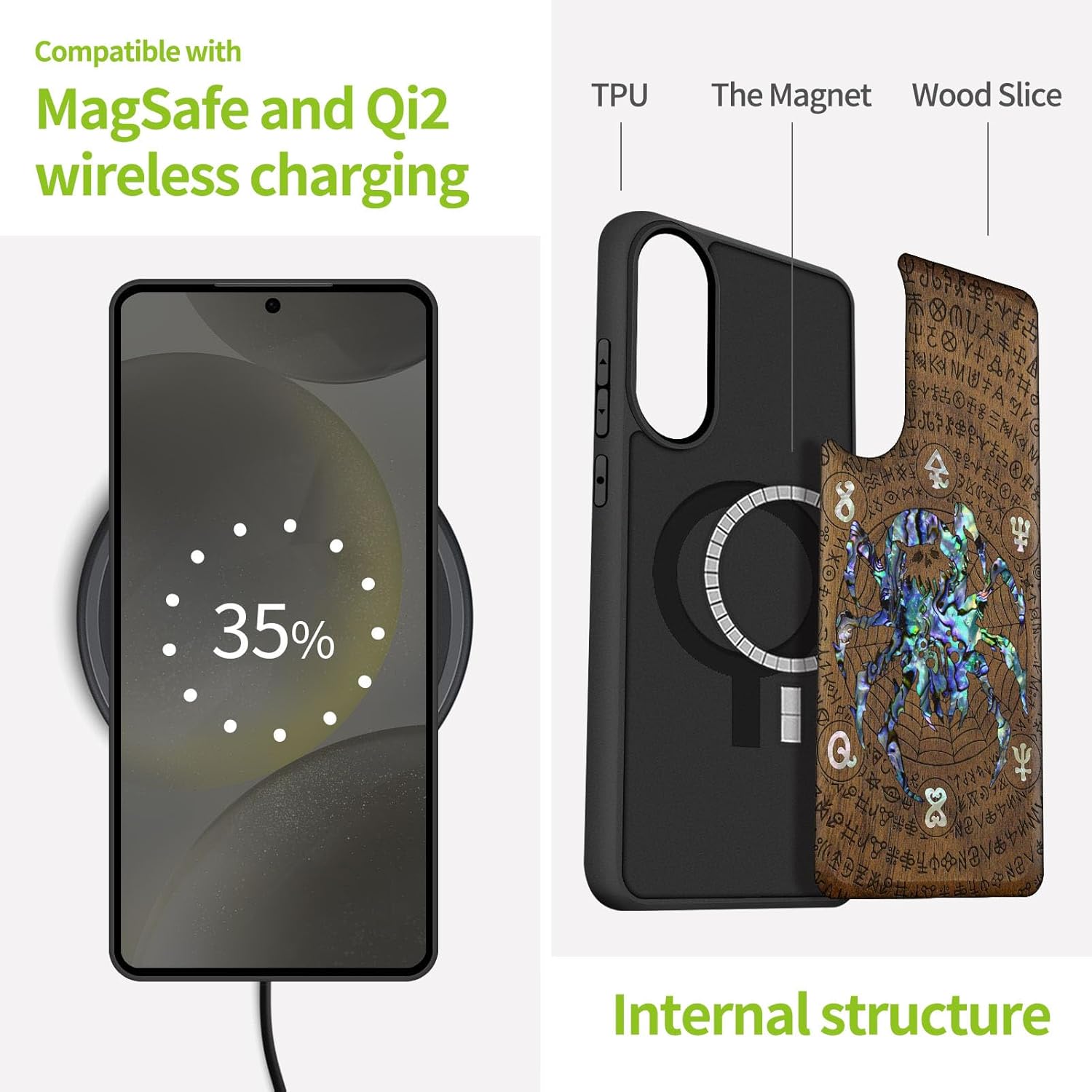 Carveit Magnetic Wooden Case for Samsung Galaxy S25 Edge Case, Wood Artisan Engraved & Handmade Shell Inlaid, Compatible with MagSafe Wireless Chargers (Spider Amidst Mystical Runes) Walnut