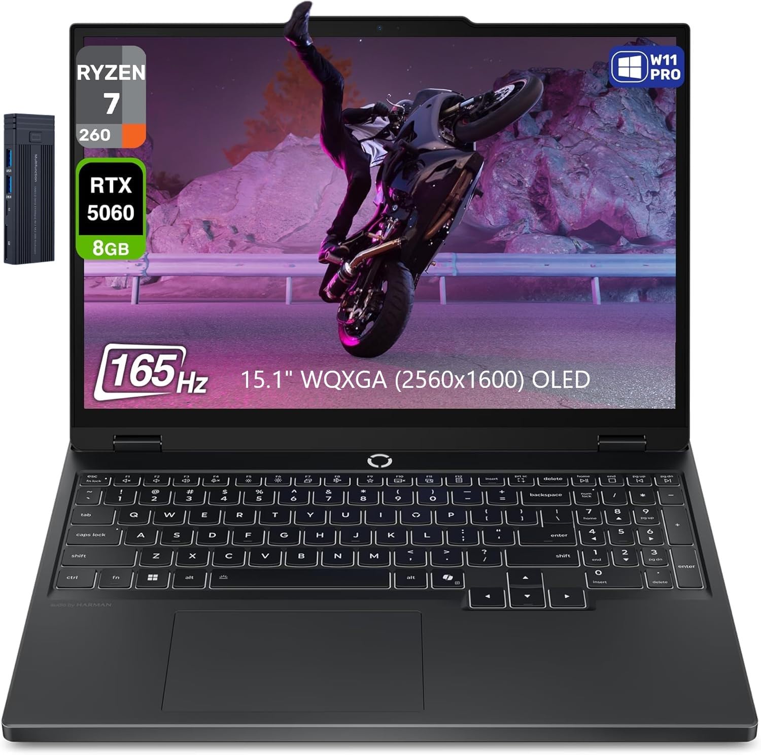 Legion 5 Laptop, 15.1" WQXGA OLED 165Hz Display, AMD Ryzen 7 260, 16GB RAM 512GB PCIe SSD, GeForce RTX 5060, RGB Backlit Keyboard, 256gb 9H Docking Station, Wi-Fi 7, Windows 11 Pro, Black