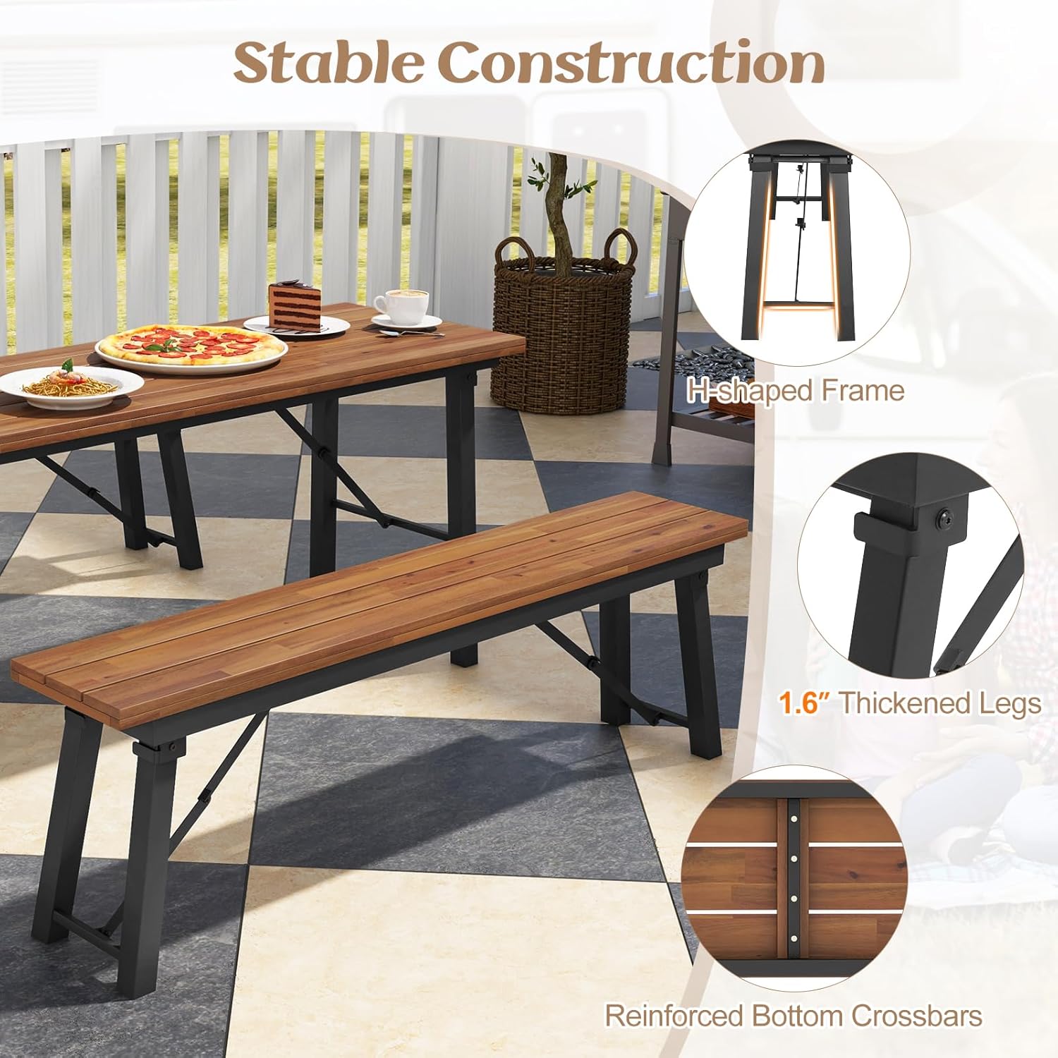 Tangkula Outdoor Folding Bench Set of 2, 55” 2-3 Person Acacia Wood Backless Patio Dining Bench, No Assembly Weatherproof Picnic Bench, Collapsible Benches for Porch, Yard, Poolside, Balcony