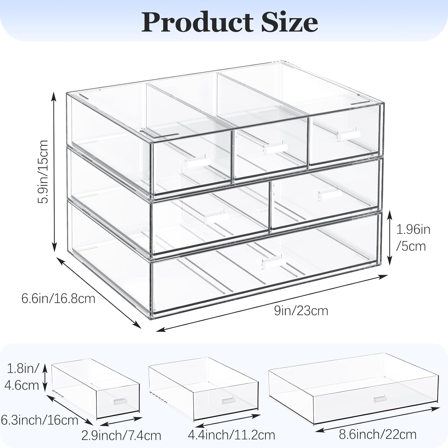 3 Tier Stackable Desk Organizer with 6 Drawers, YOCOMEY Plastic Desktop Storage Box Drawers, Detachable Makeup Storage Office Stationery Supplies Organizer for Office School (All Clear)
