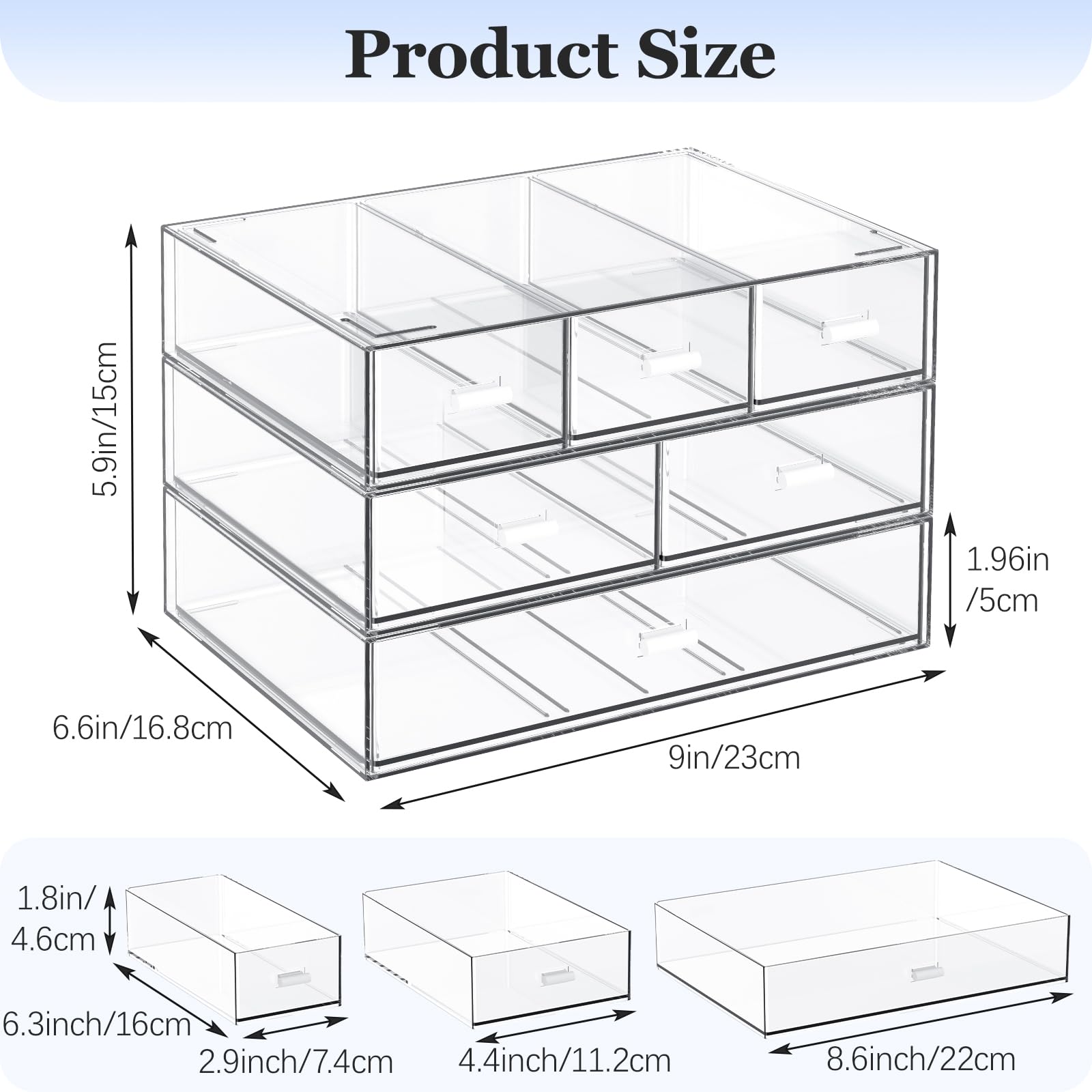 Organizer da scrivania impilabile a 3 livelli con 6 cassetti, in plastica, staccabile, per trucchi, cancelleria, ufficio, scuola, tutto trasparente